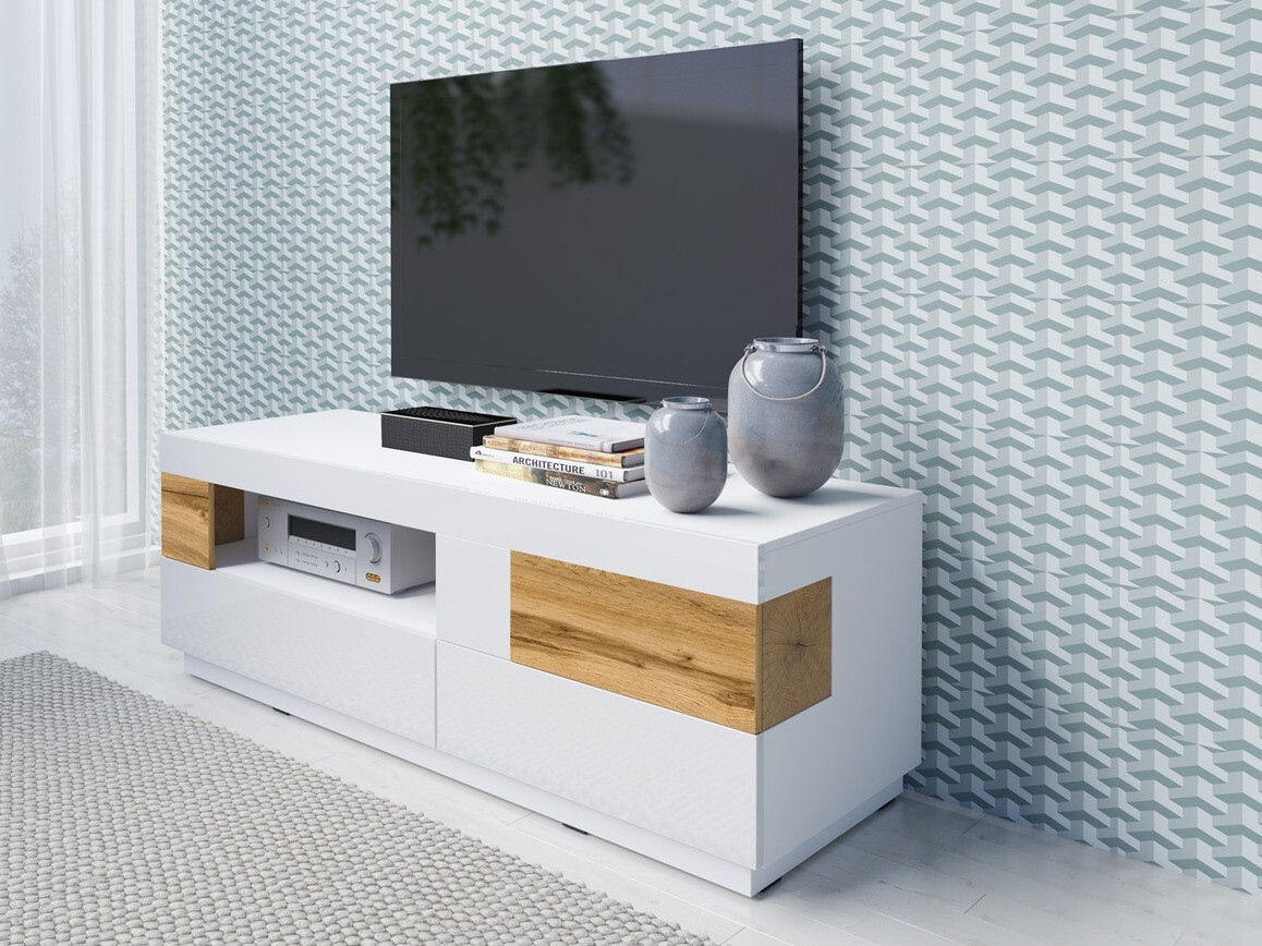 TV-bord Livlore 103 (Hvid + Glansfuld hvid + Wotan eg)