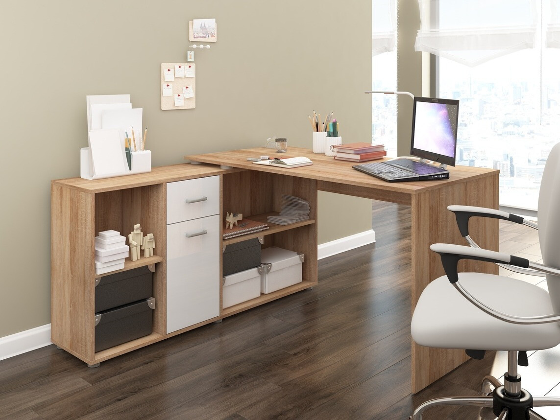 Hjørneskrivebord Gilroy 113 (Sonoma eg + Glansfuld hvid)