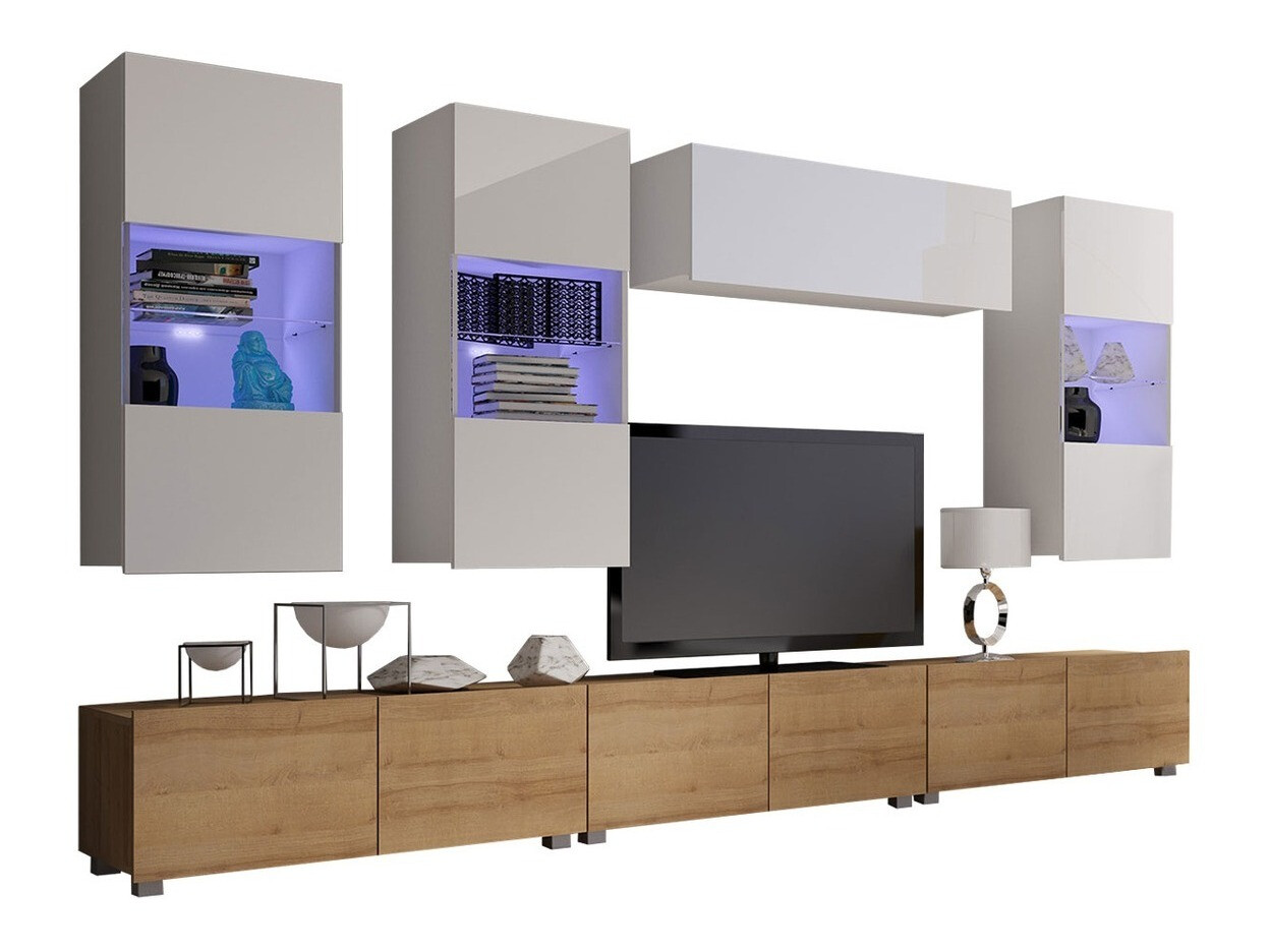 Stuemøbelsæt Remus XI (Gylden eg + Hvid + Glansfuld hvid)