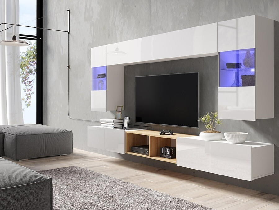 Stuemøbelsæt Tivdalu 144 (Hvid + Glansfuld hvid + Gylden eg)