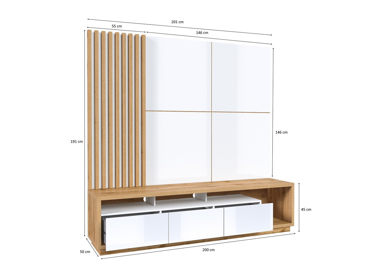 Stuemøbelsæt Austin 360 (Wotan eg + Hvid + Glansfuld hvid)