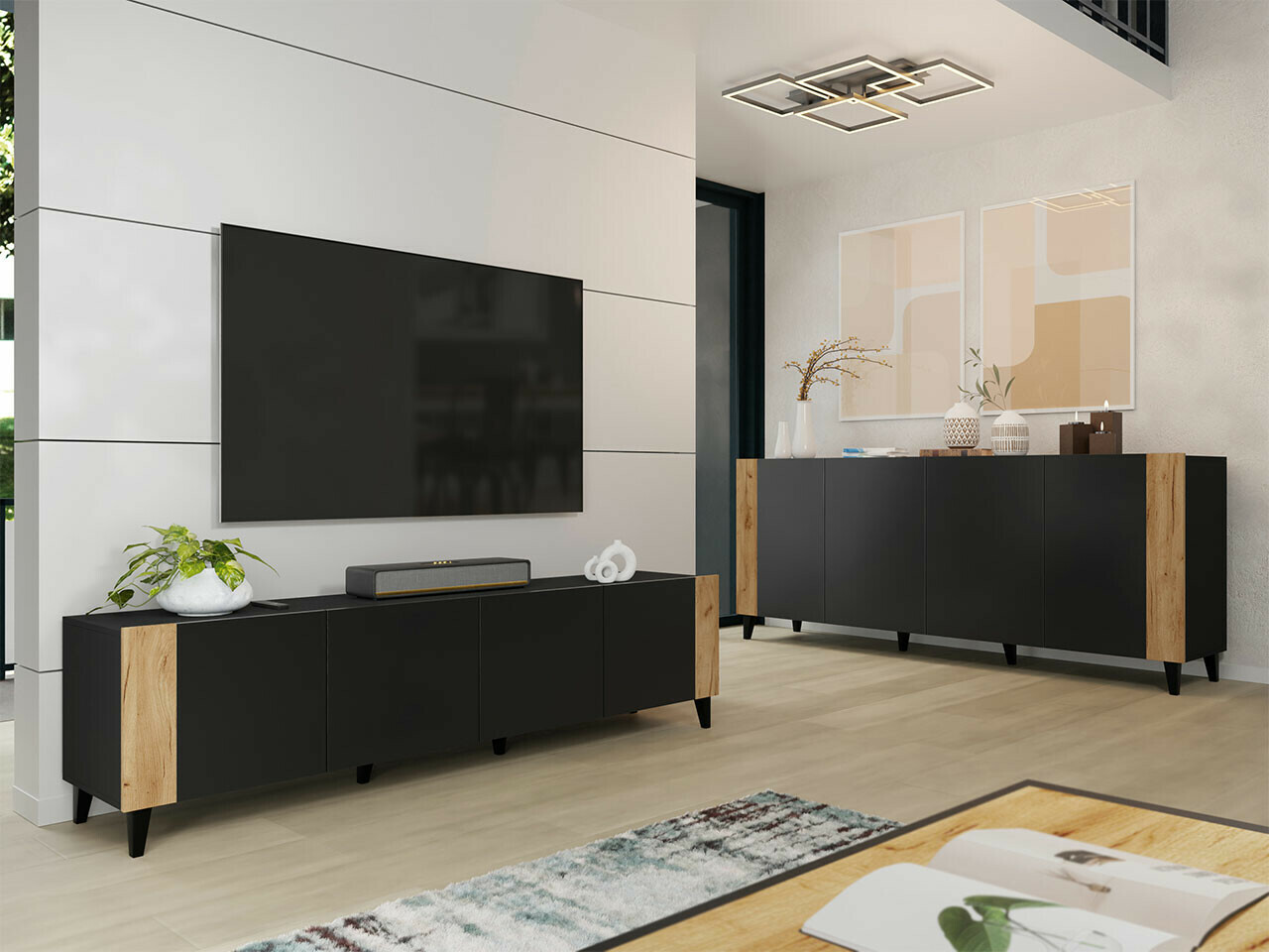 Stuemøbelsæt Charlotte 185 (Sort + Craft egetræ)