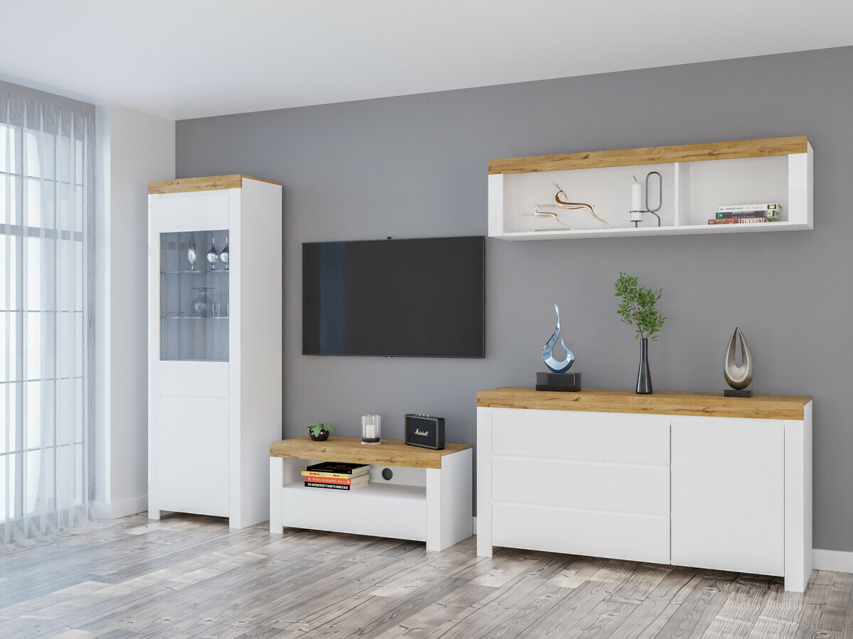 Stuemøbelsæt Sonsoru 144 (Hvid + Glansfuld hvid + Wotan eg)