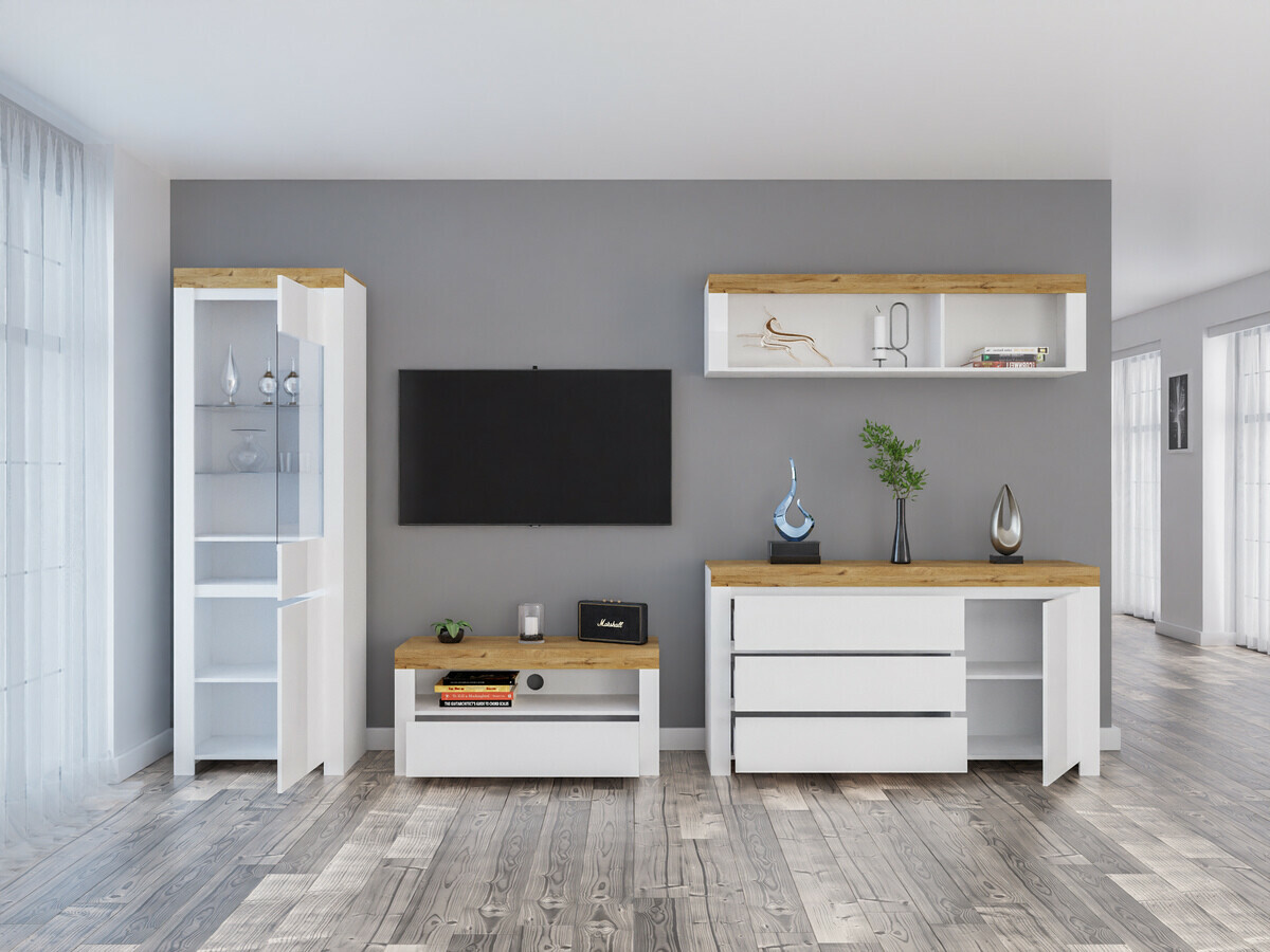 Stuemøbelsæt Sonsoru 144 (Hvid + Glansfuld hvid + Wotan eg)