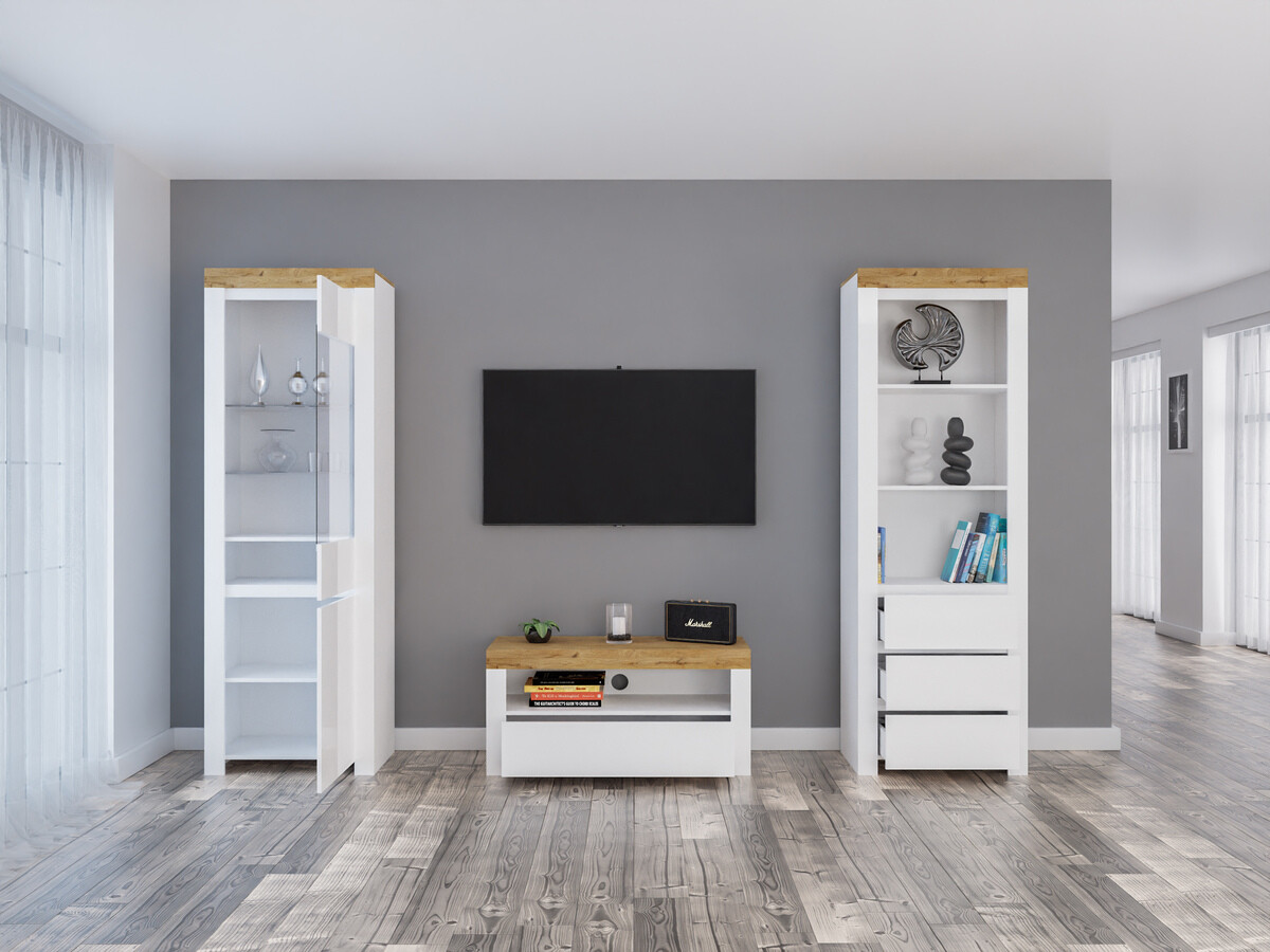 Stuemøbelsæt Sonsoru 145 (Hvid + Glansfuld hvid + Wotan eg)