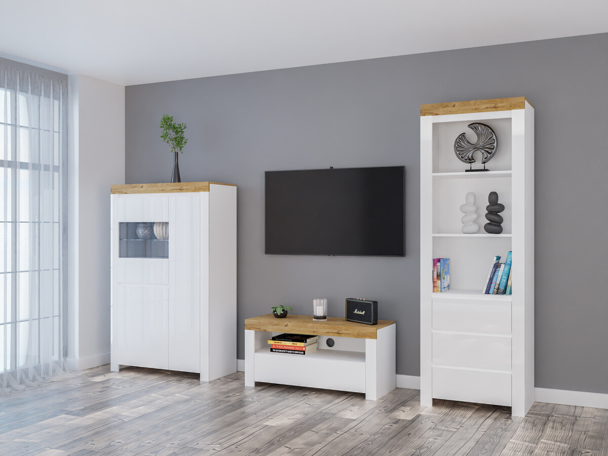 Stuemøbelsæt Sonsoru 146 (Hvid + Glansfuld hvid + Wotan eg)