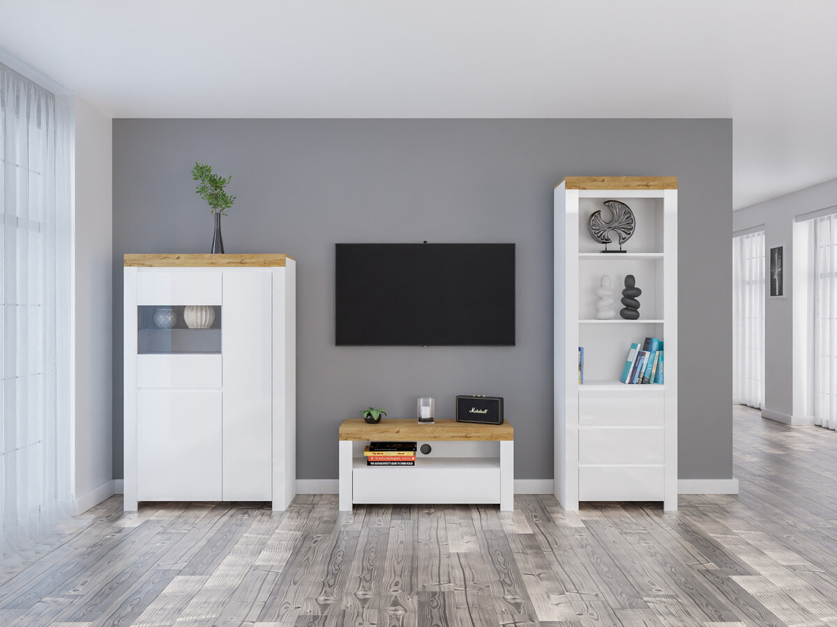 Stuemøbelsæt Sonsoru 146 (Hvid + Glansfuld hvid + Wotan eg)