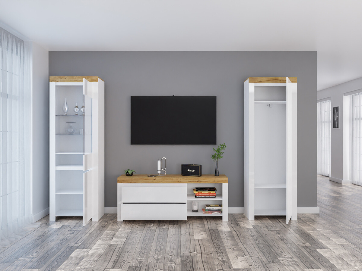 Stuemøbelsæt Sonsoru 148 (Hvid + Glansfuld hvid + Wotan eg)