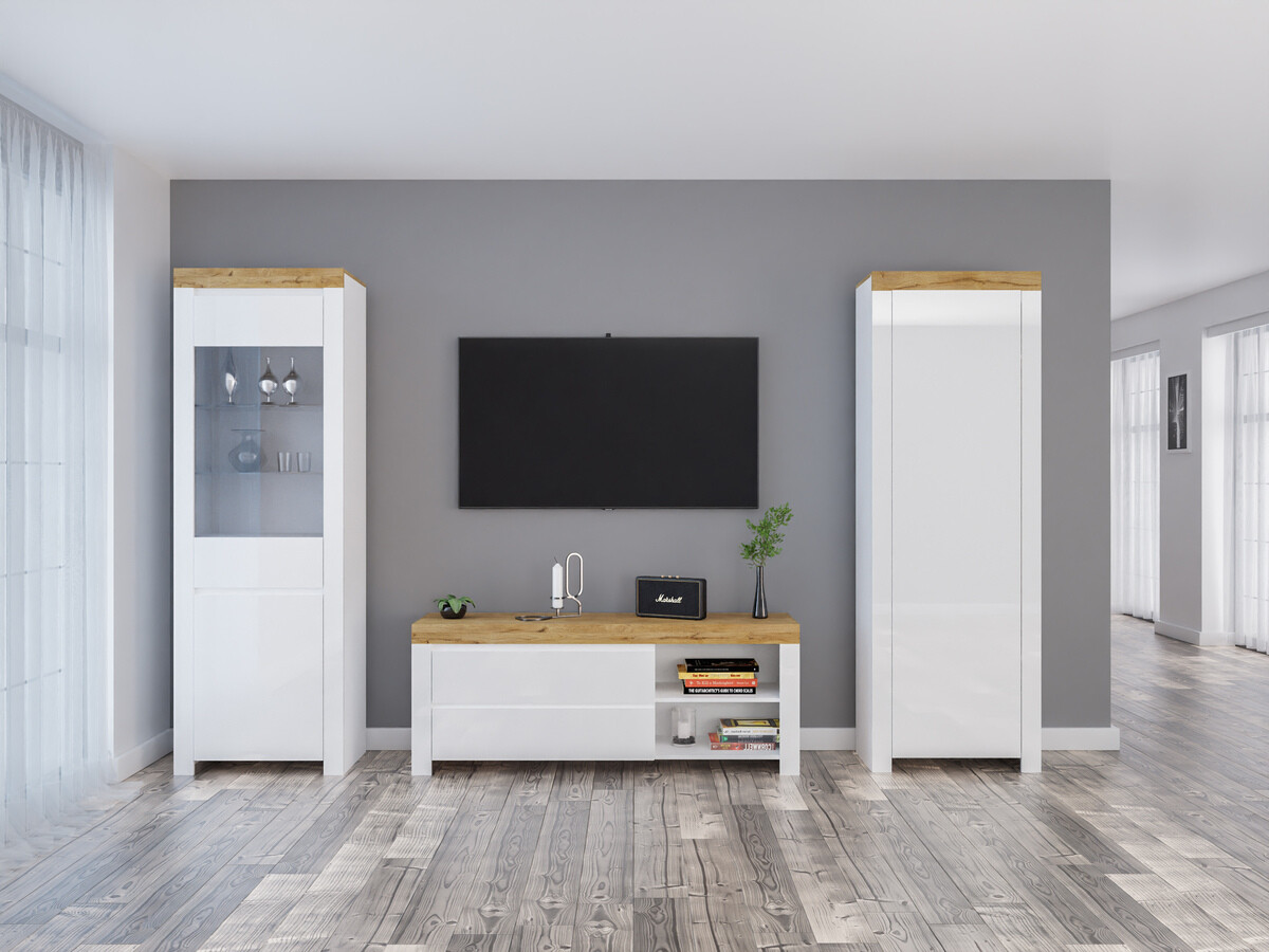 Stuemøbelsæt Sonsoru 148 (Hvid + Glansfuld hvid + Wotan eg)