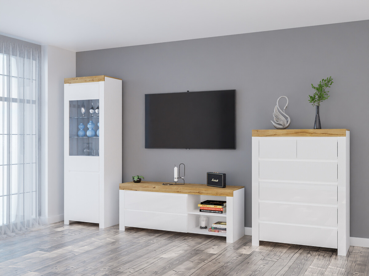 Stuemøbelsæt Sonsoru 149 (Hvid + Glansfuld hvid + Wotan eg)