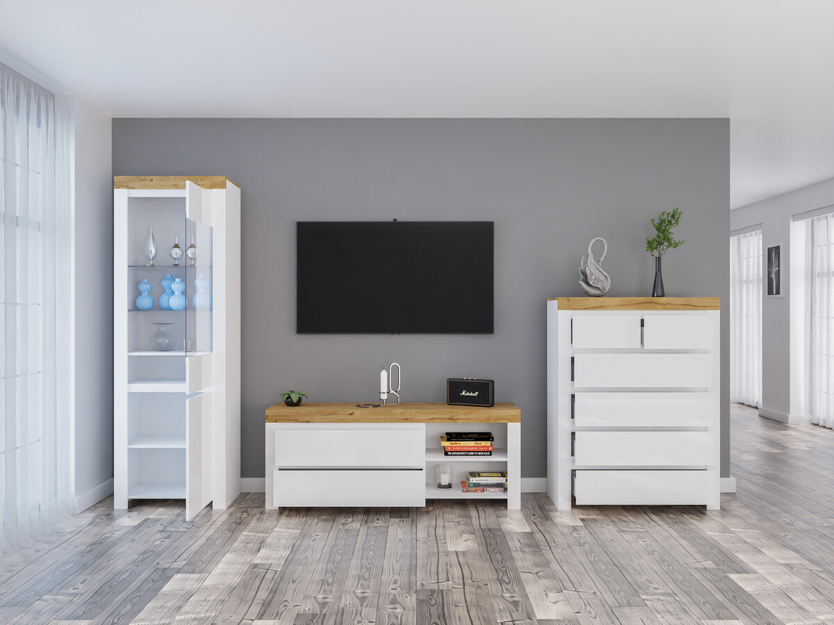 Stuemøbelsæt Sonsoru 149 (Hvid + Glansfuld hvid + Wotan eg)