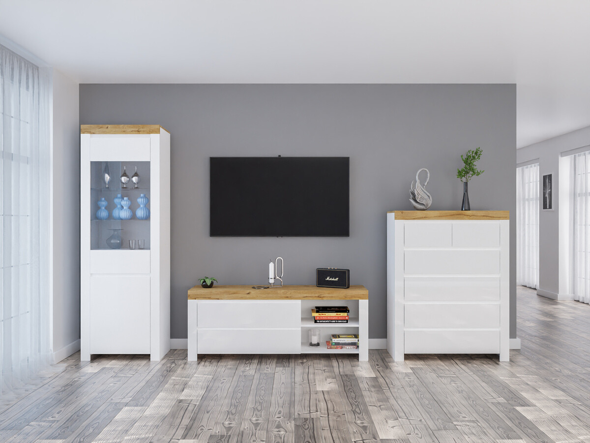 Stuemøbelsæt Sonsoru 149 (Hvid + Glansfuld hvid + Wotan eg)