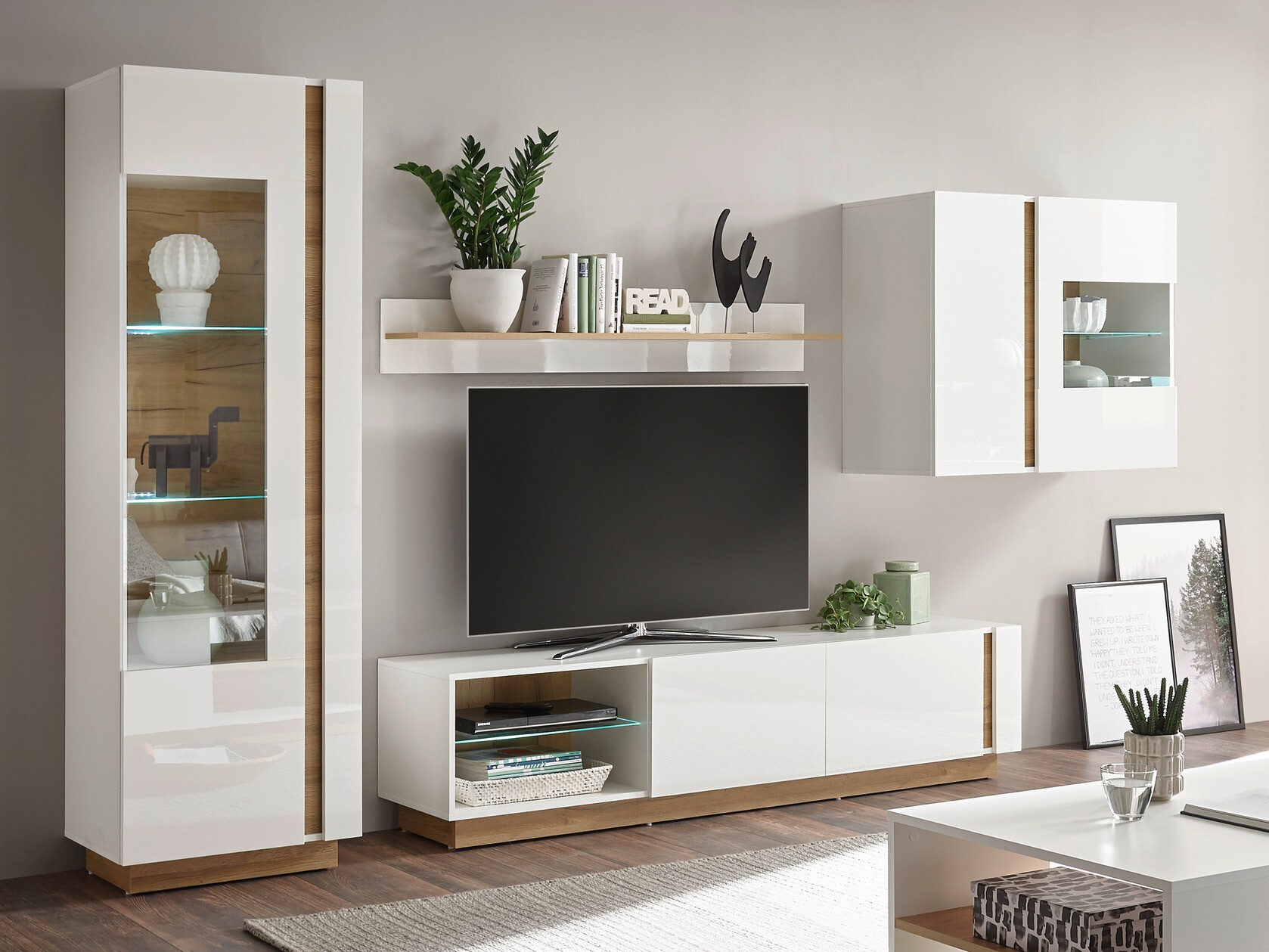 TV-bord Veropho 103 (Glansfuld hvid + Grandson eg)