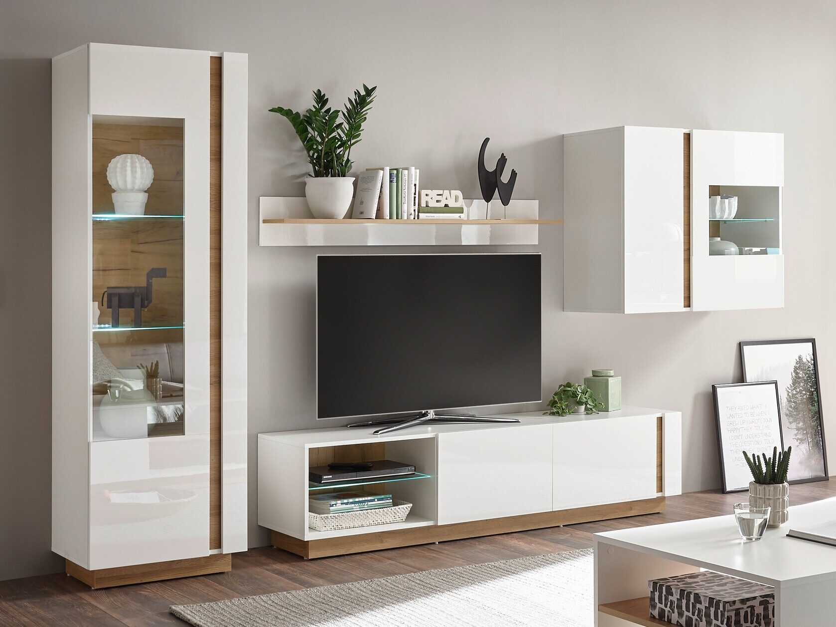 Stuemøbelsæt Veropho 113 (Glansfuld hvid + Grandson eg)