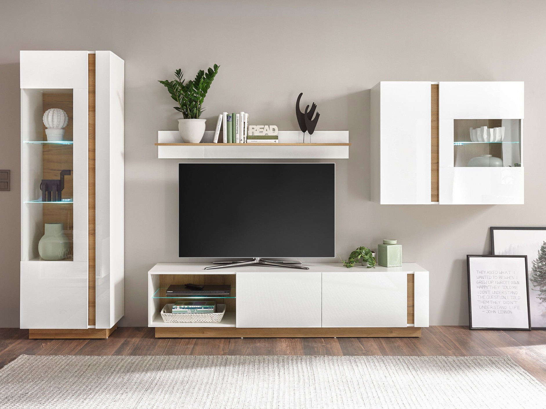 Stuemøbelsæt Veropho 113 (Glansfuld hvid + Grandson eg)