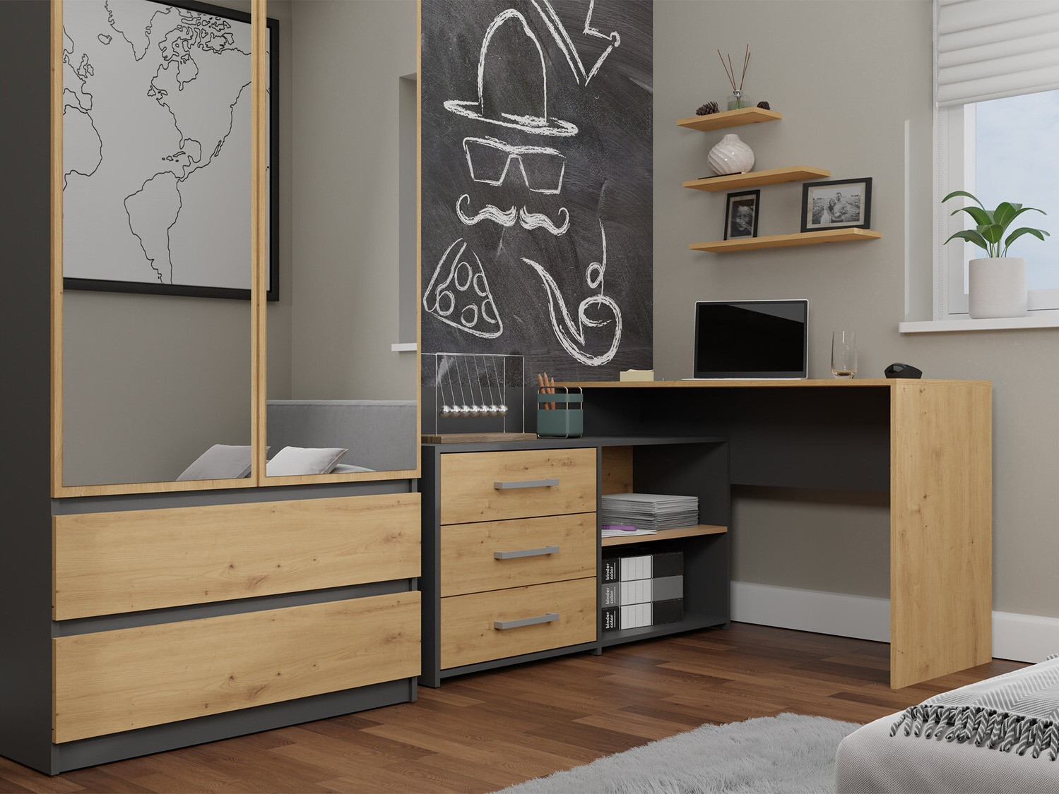 Hjørneskrivebord Mandeville 131 (Antracit + Artisan eg)