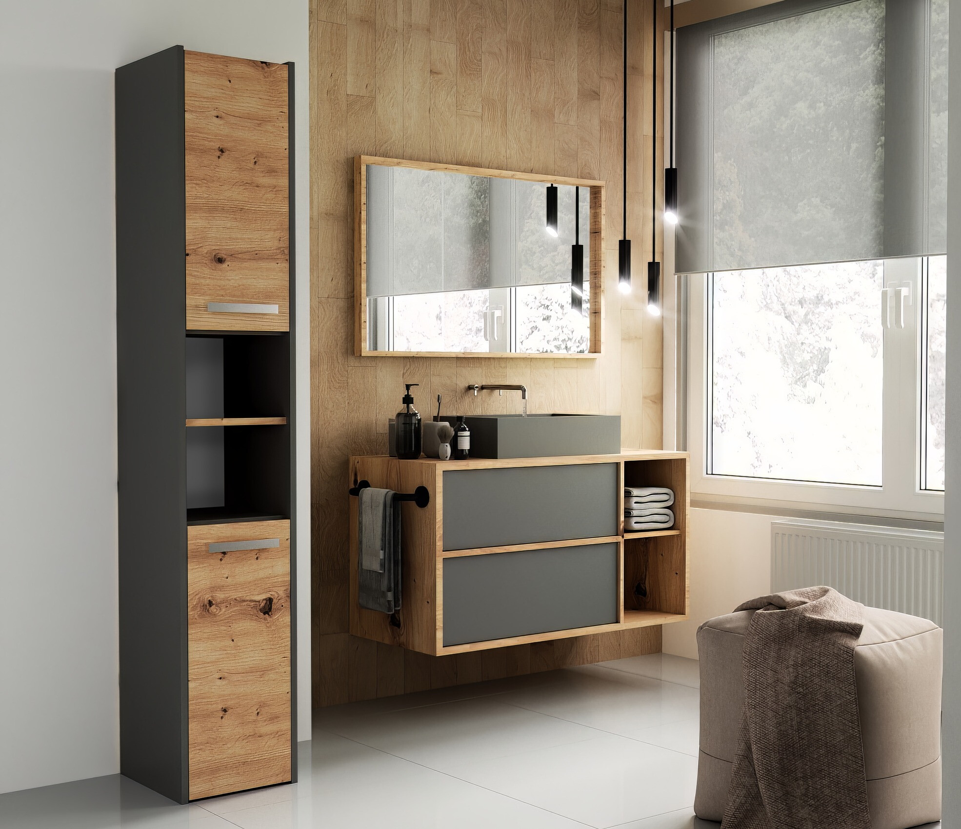 Stående badeværelsesskab Mandeville 248 (Antracit + Artisan eg)