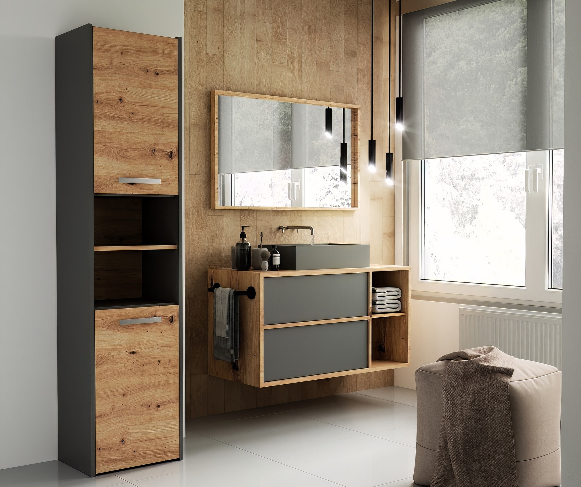 Stående badeværelsesskab Mandeville 250 (Antracit + Artisan eg)