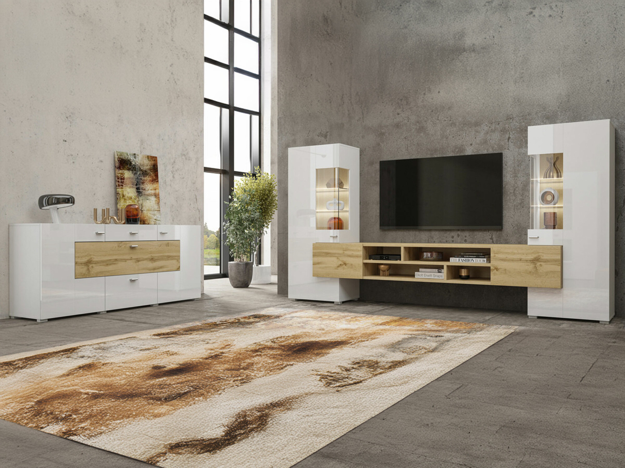 Stuemøbelsæt Mondalo 105 (Wotan eg + Glansfuld hvid)