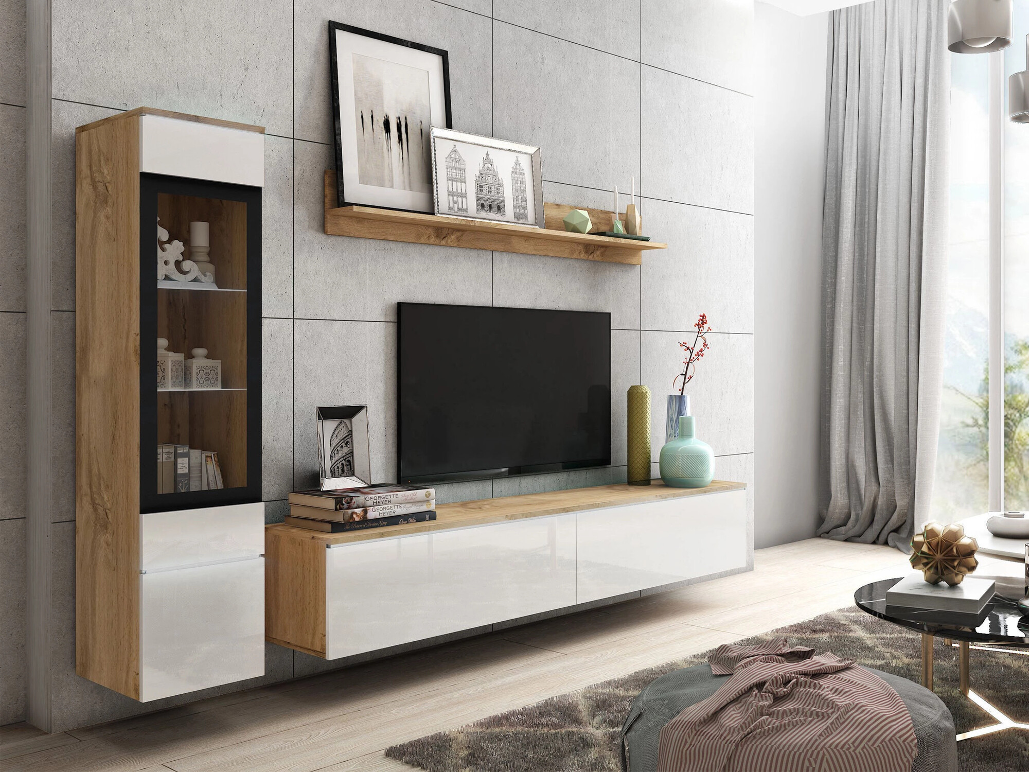 Stuemøbelsæt Sarasota 125 (Wotan eg + Glansfuld hvid)