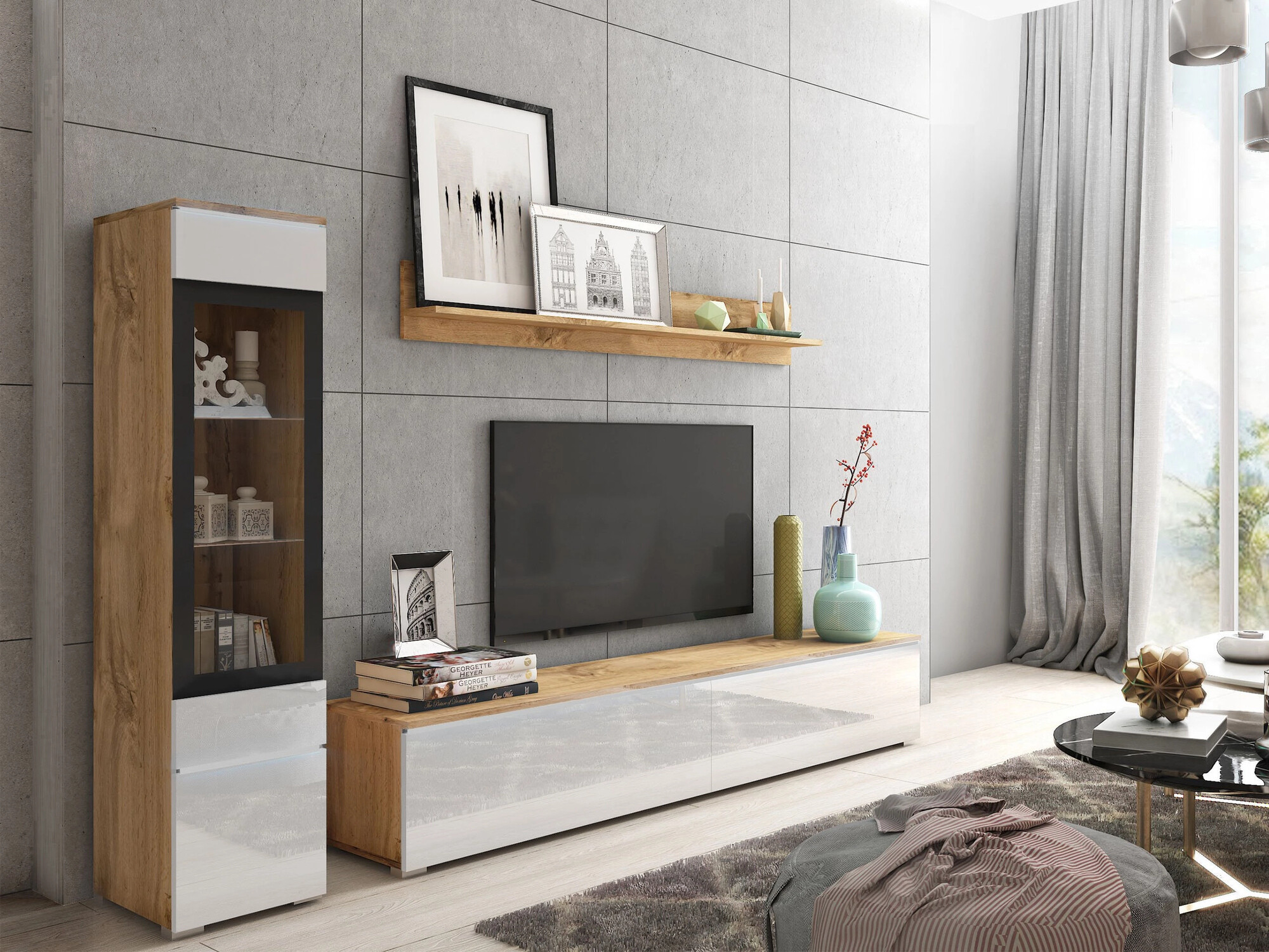 Stuemøbelsæt Sarasota 125 (Wotan eg + Glansfuld hvid)