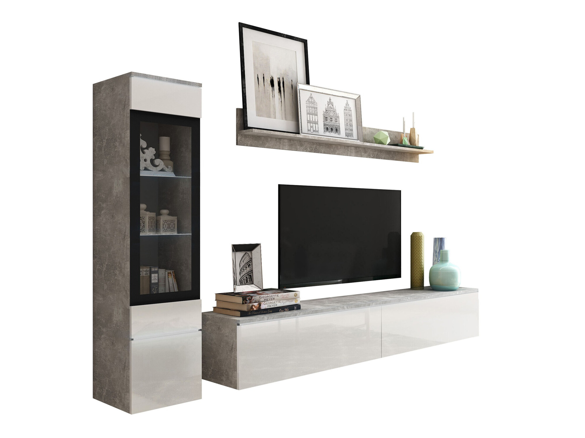 Stuemøblersæt Sarasota 125 (Beton + Glansfuld hvid)