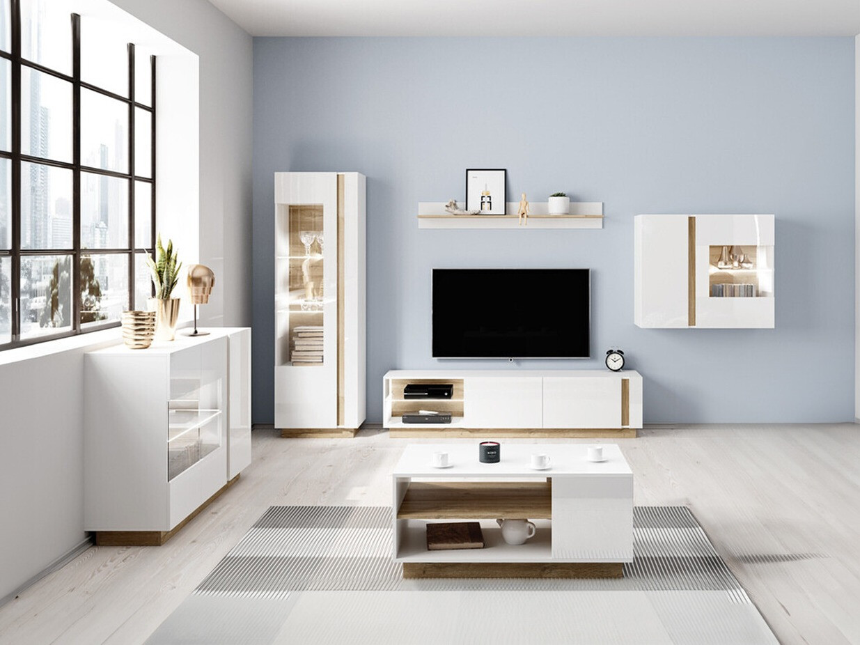 Stuemøbelsæt Novbela 114 (Hvid + Glansfuld hvid + Grandson eg)