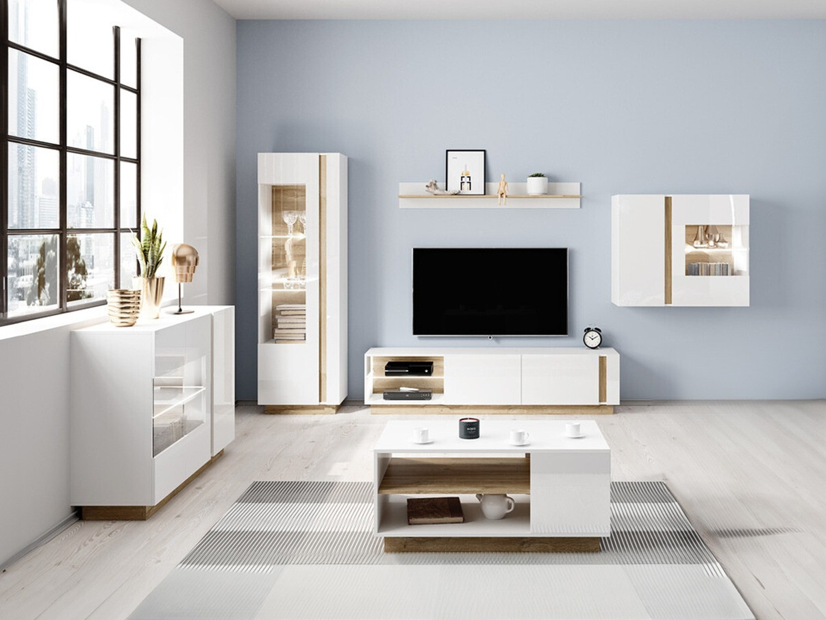 Stuemøbelsæt Novbela 114 (Hvid + Glansfuld hvid + Grandson eg)