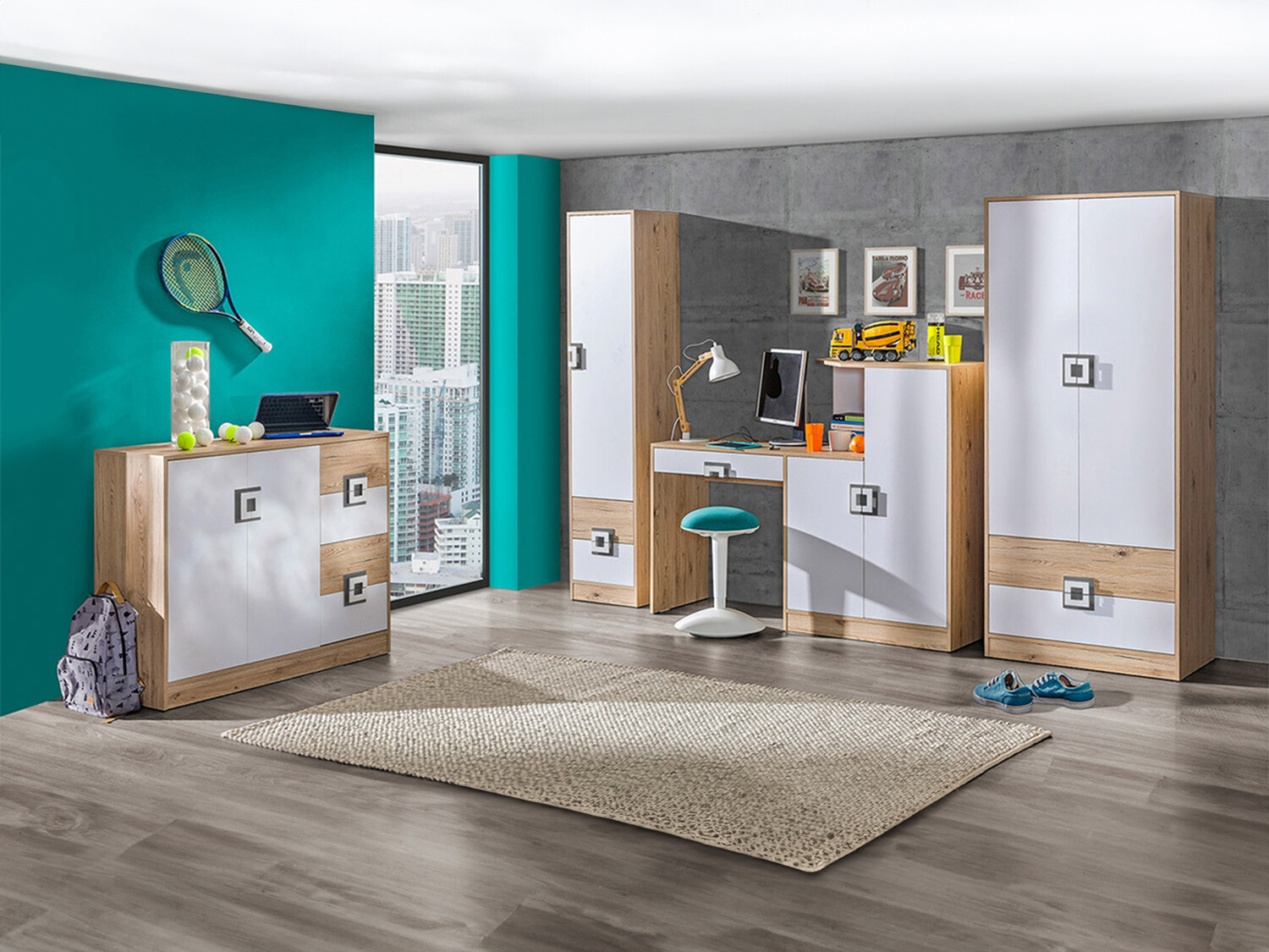 Børneværelsessæt Balvire 114 (Lys eg + Hvid + Grå)