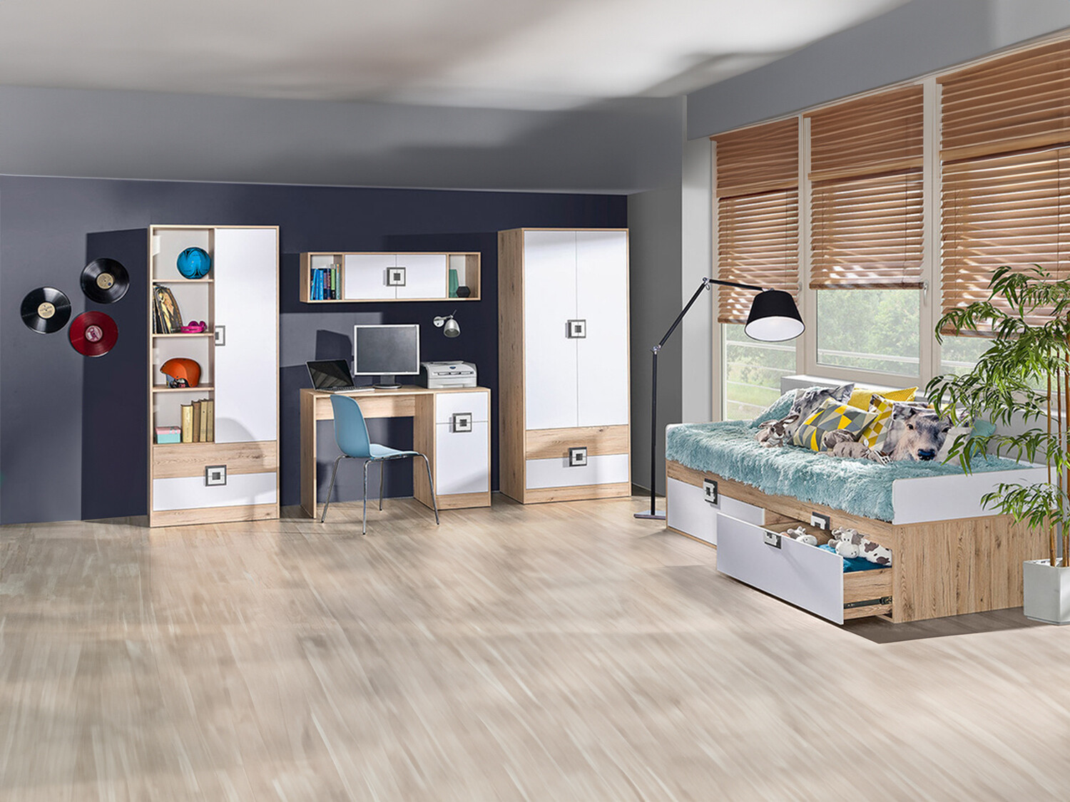 Børneværelsessæt Balvire 116 (Lys eg + Hvid + Grå)