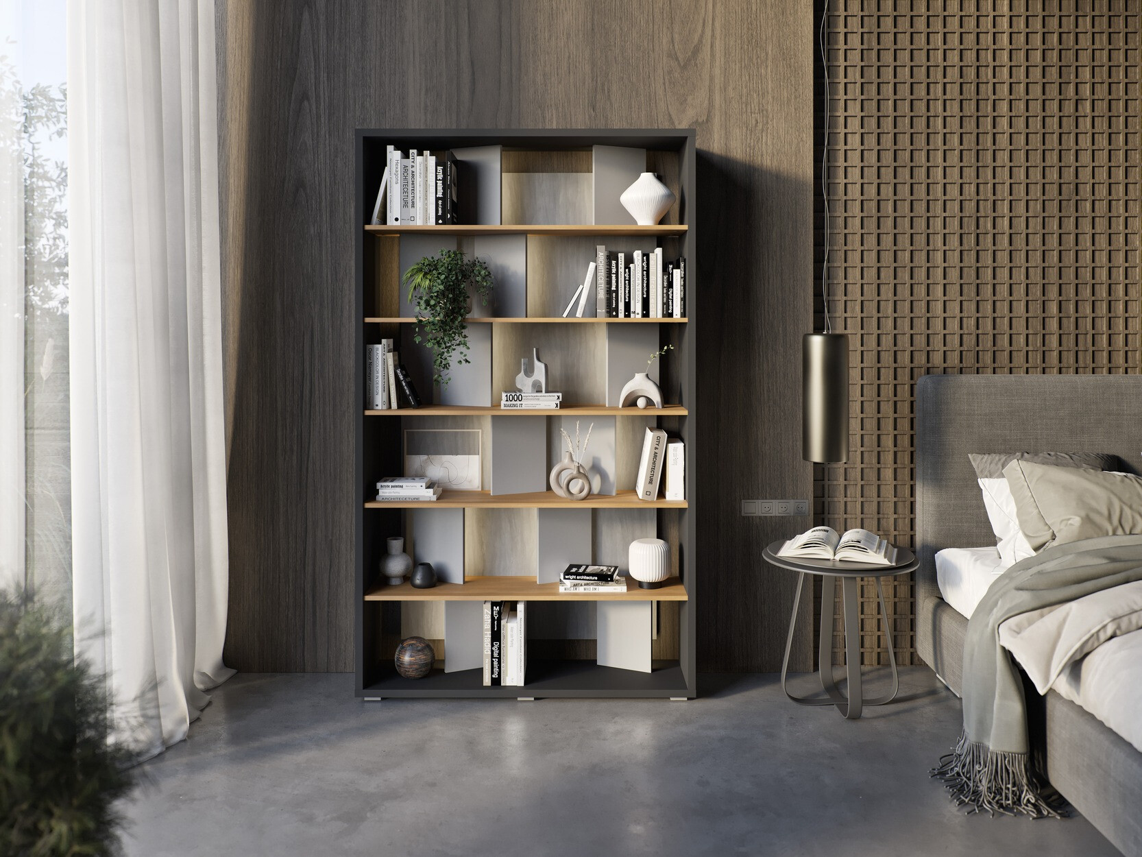 Reol Fresno 154 (Glansfuld grå + Grafit + Egetræ)