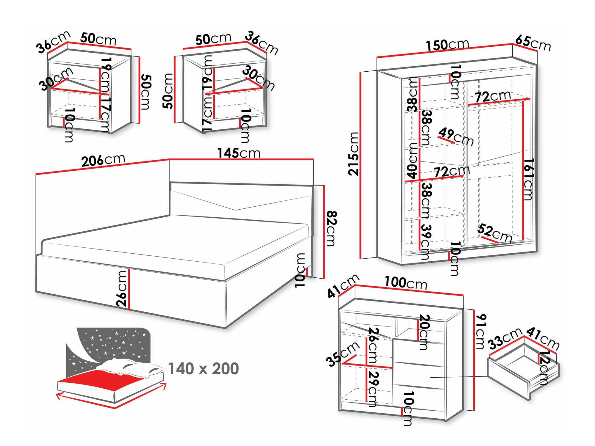 Soveværelsessæt Tenreme 108 (Egetræ + Sort)