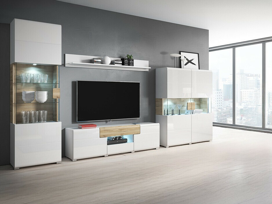 Stuemøblersæt Torsone 104 (Hvid + Glansfuld hvid + San remo eg)