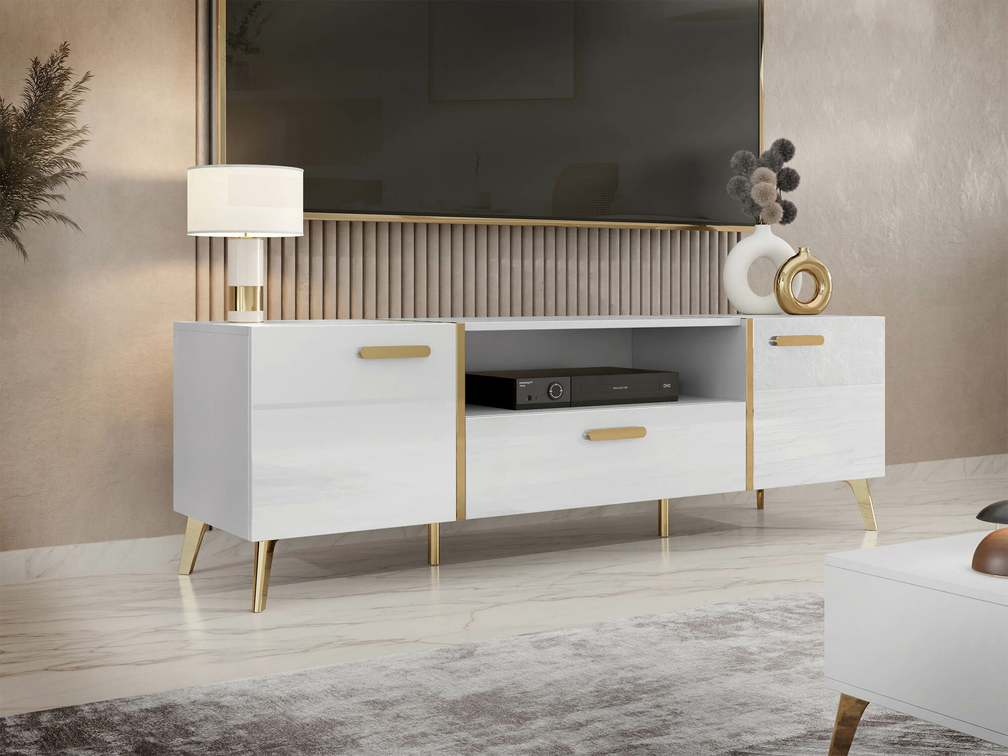 TV-bord Comfivo Teslomo 113 (Hvid + Glansfuld hvid)