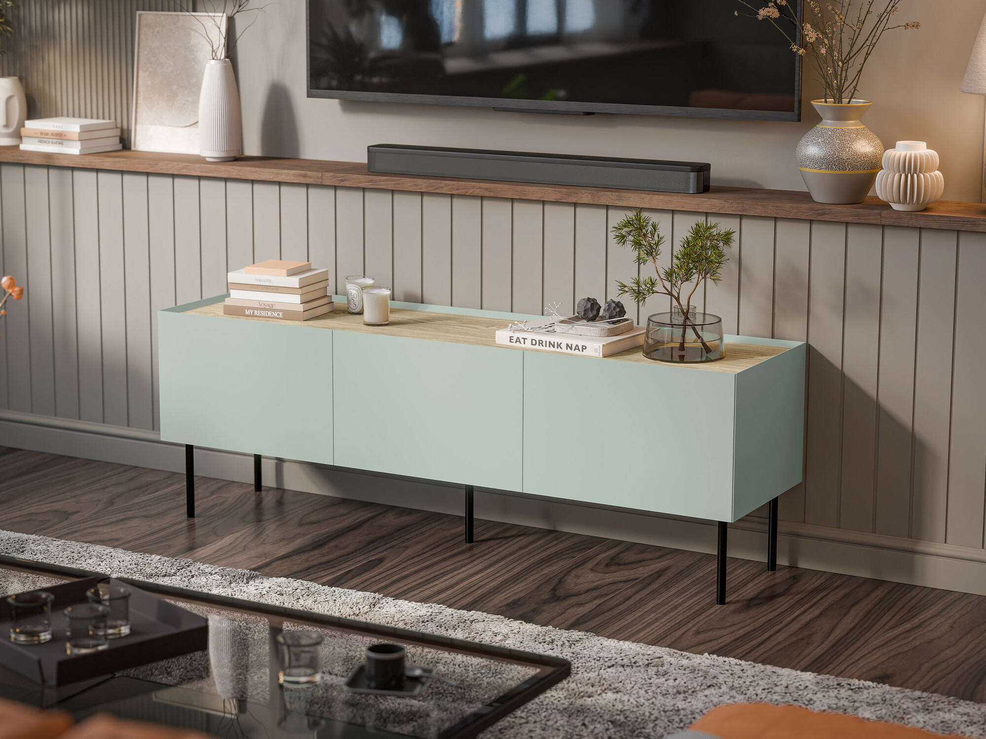 TV-bord Melbela 106 (Lys oliventræ + Egetræ)