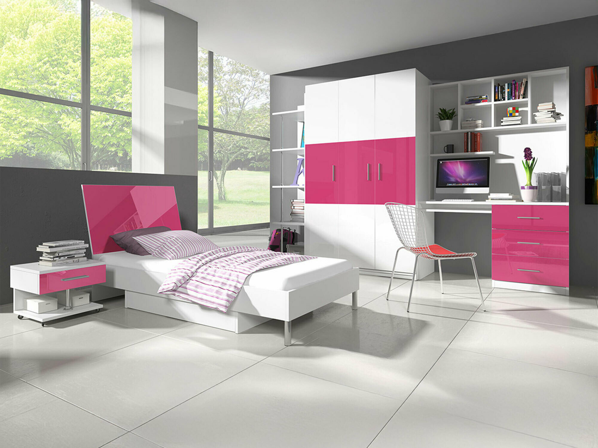 Børneværelses-sæt Salmere 110 (Glansfuld hvid + Glossy pink)