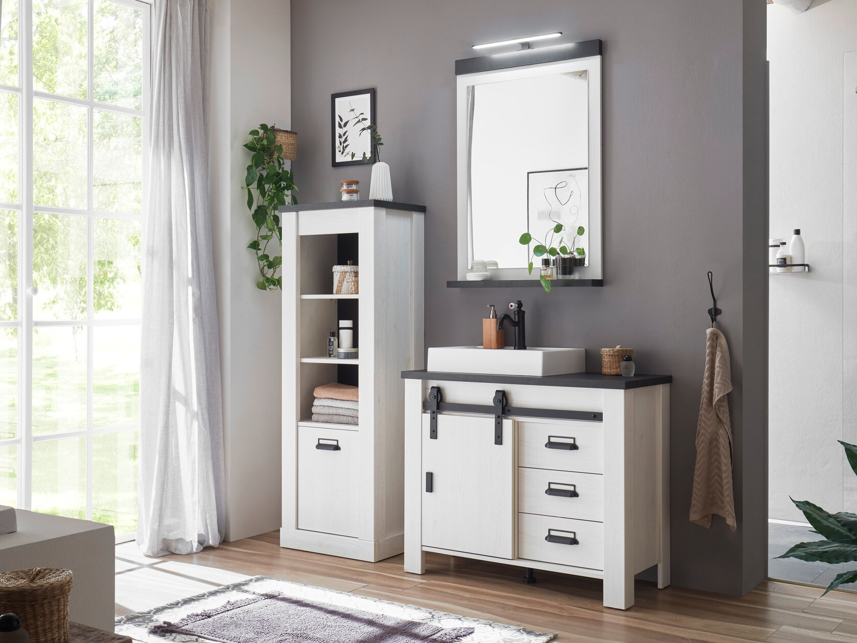 Stående badeværelseskab til håndvask Cirtale 133 (Bleget fyrretræ + Antracit)