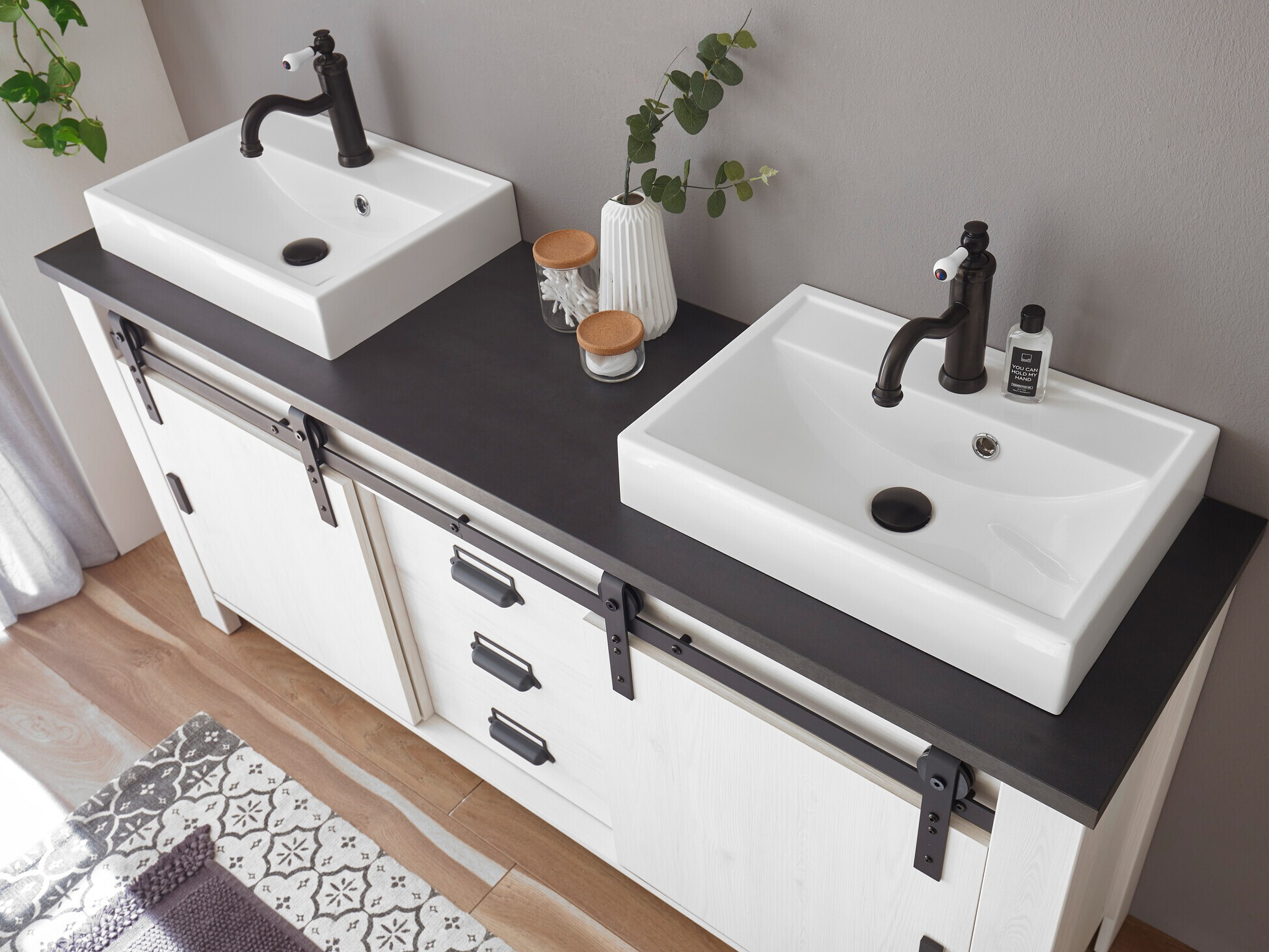 Stående badeværelseskab til håndvask Cirtale 134 (Bleget fyrretræ + Antracit)