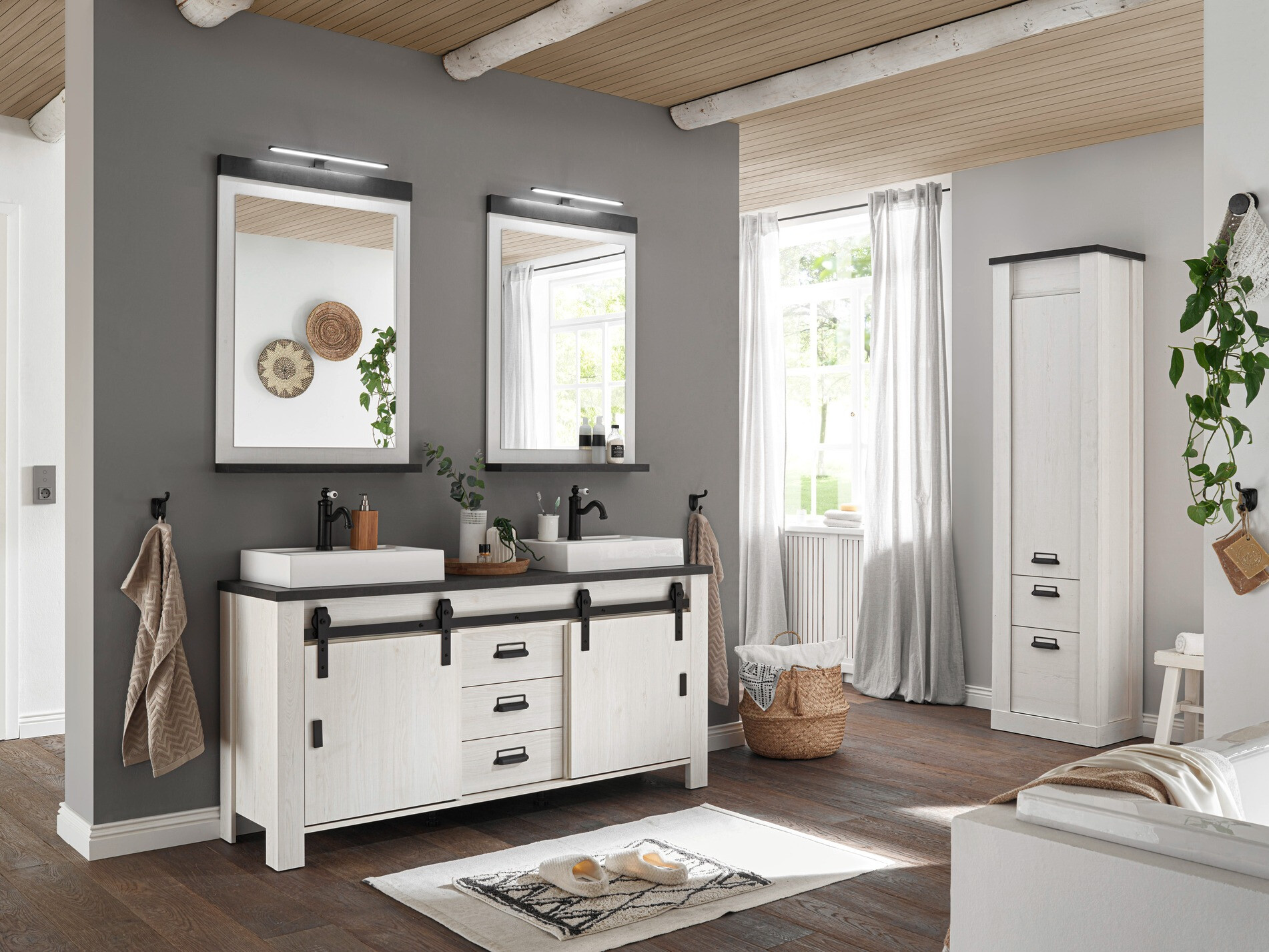 Stående badeværelseskab til håndvask Cirtale 134 (Bleget fyrretræ + Antracit)