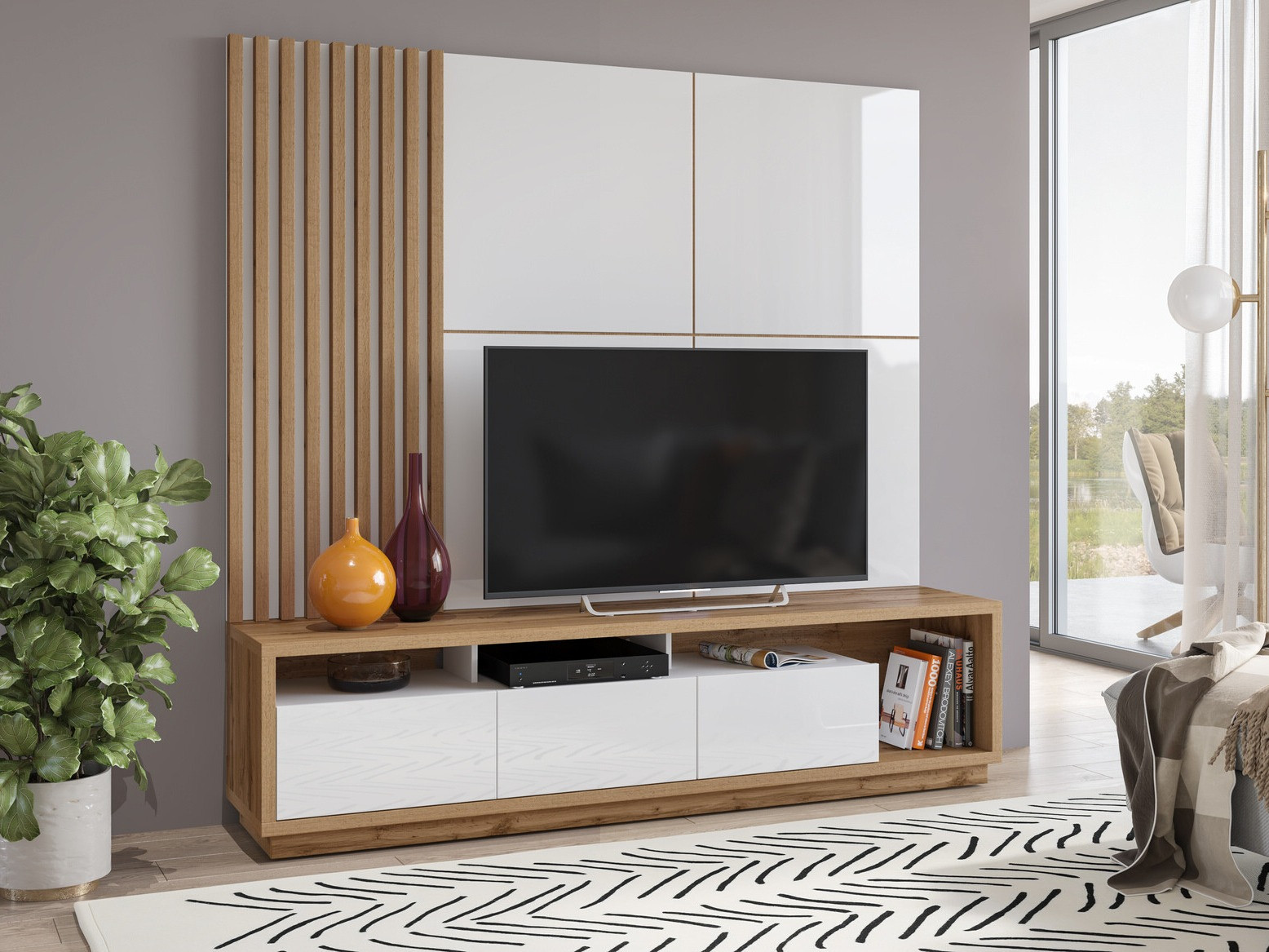 Stuemøbelsæt Austin 360 (Wotan eg + Hvid + Glansfuld hvid)