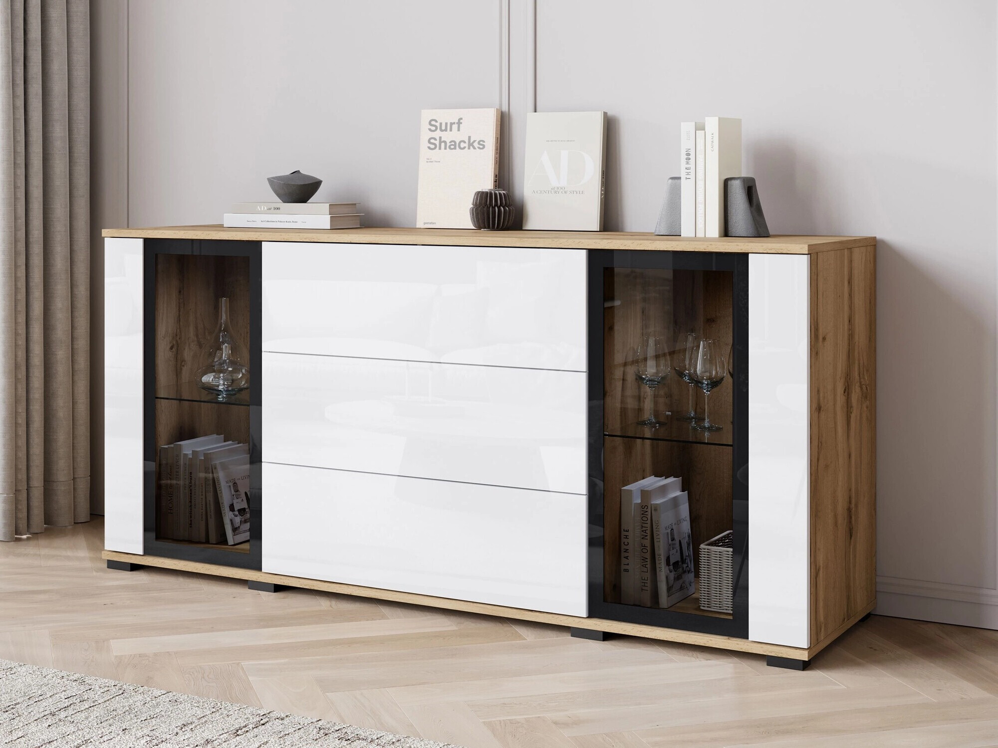 Kommode Torcame 101 (Wotan eg + Glansfuld hvid)