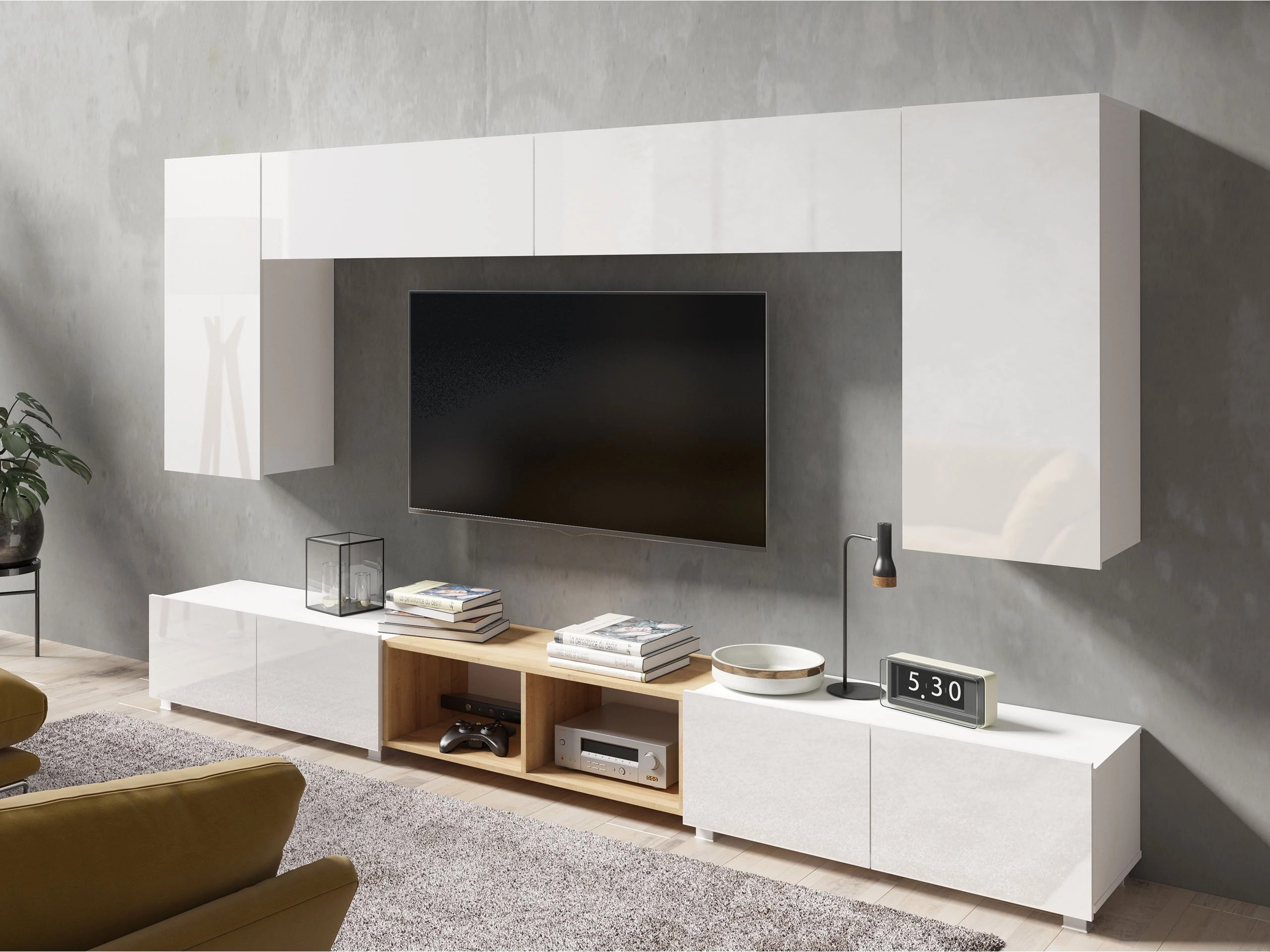 Stuemøbelsæt Tivdalu 143 (Hvid + Glansfuld hvid + Gylden eg)