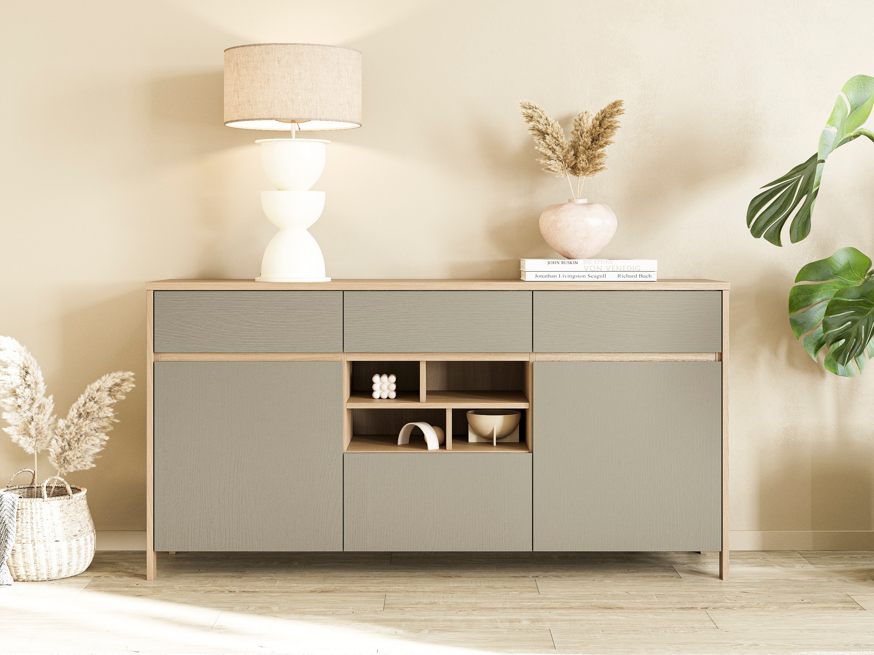 Kommode Fermaru 104 (Støvet grøn + Egetræ)