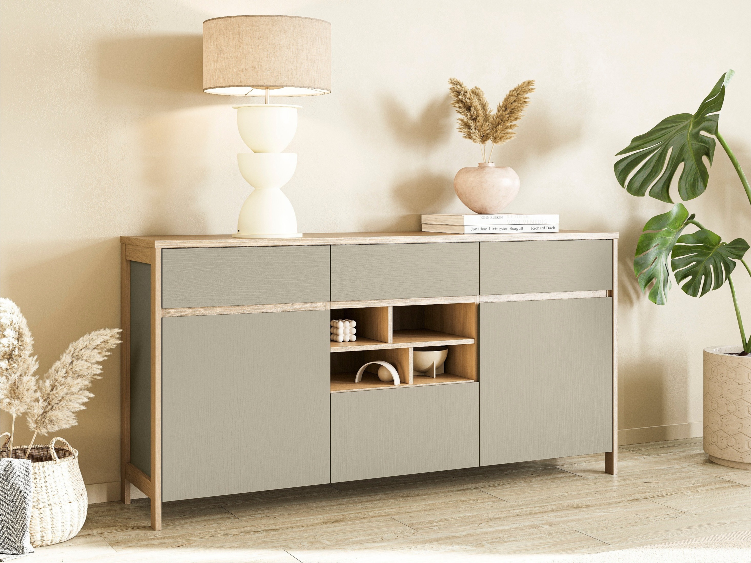 Kommode Fermaru 104 (Støvet grøn + Egetræ)