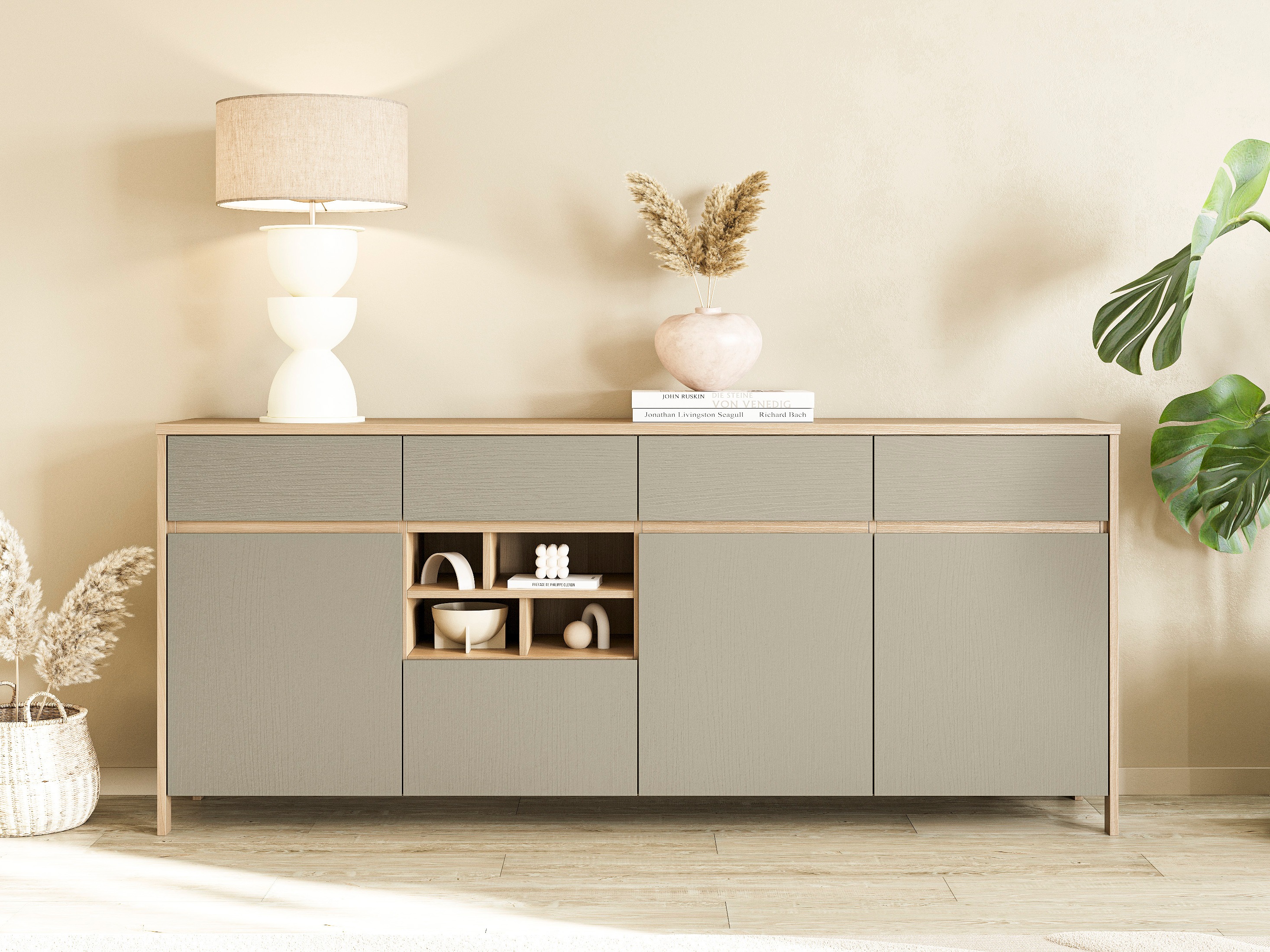 Kommode Fermaru 105 (Støvet grøn + Egetræ)