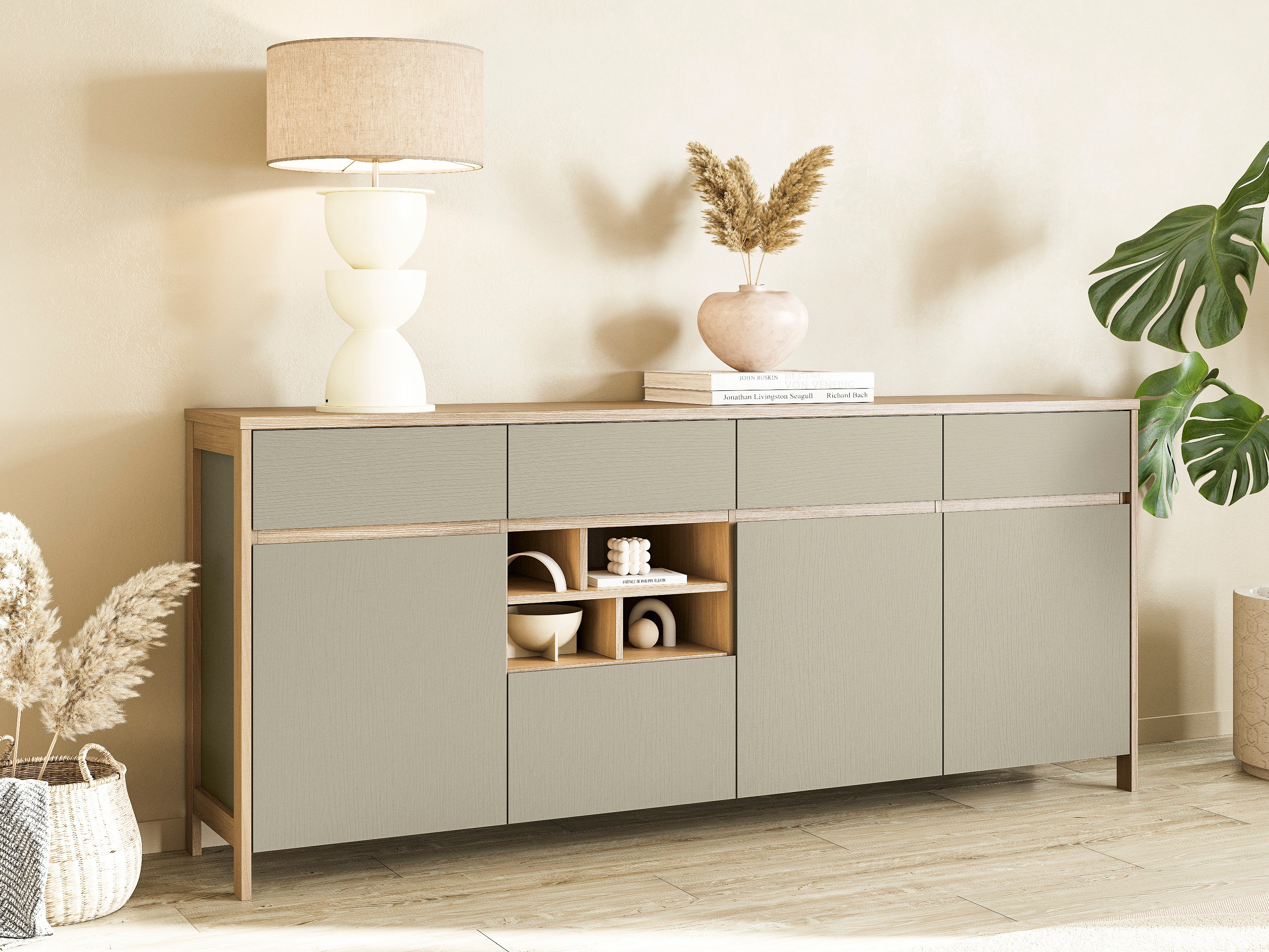 Kommode Fermaru 105 (Støvet grøn + Egetræ)