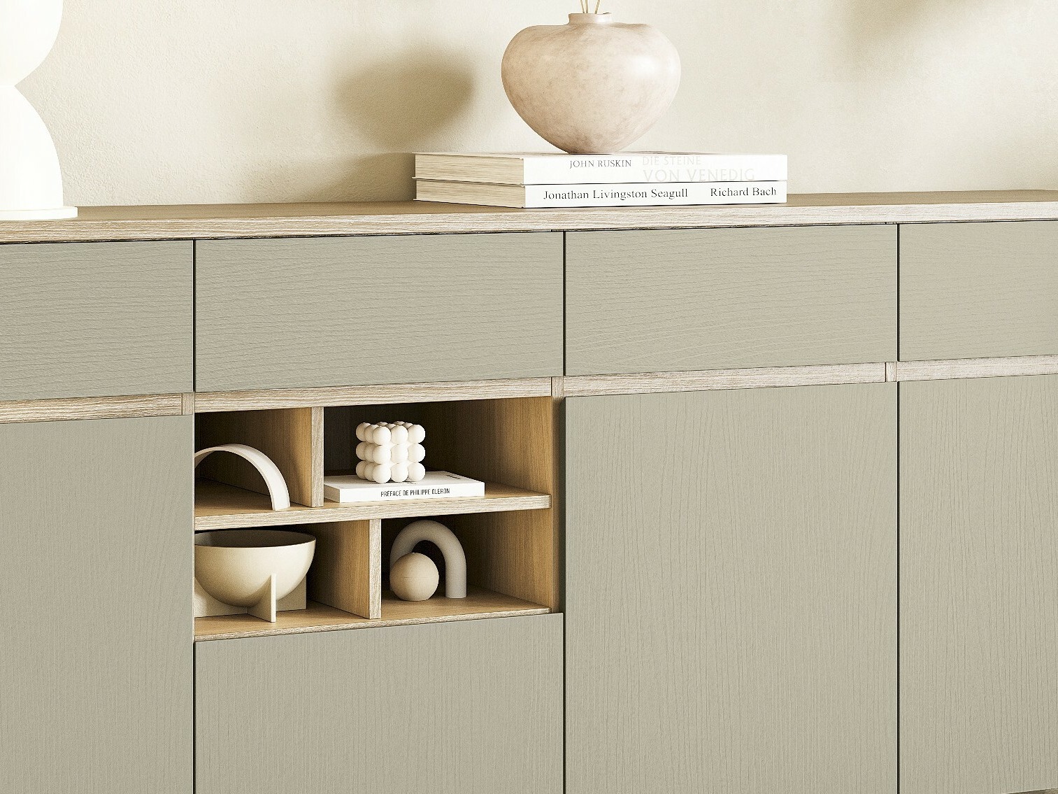 Kommode Fermaru 105 (Støvet grøn + Egetræ)