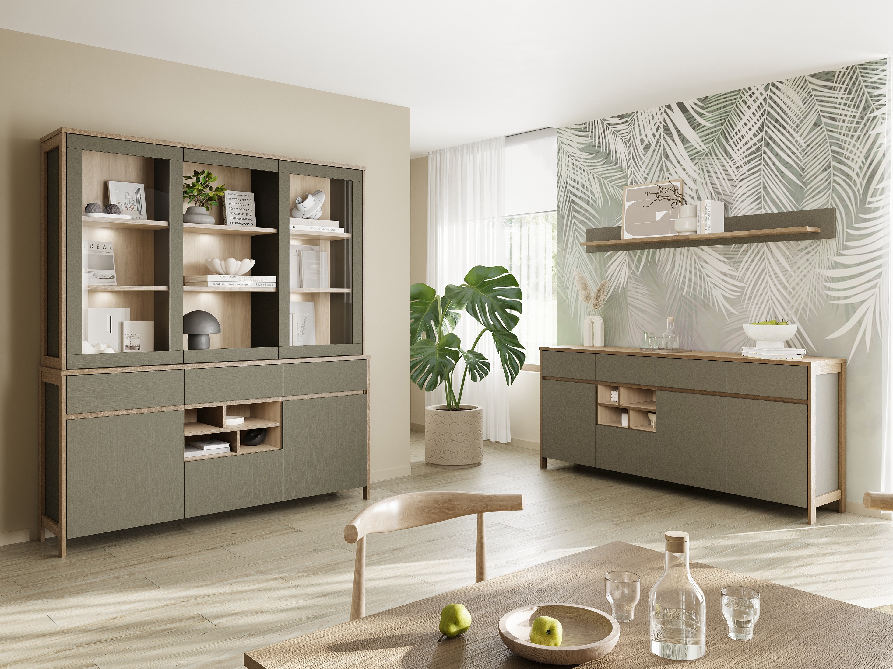 Reol Fermaru 100 (Støvet grøn + Egetræ)