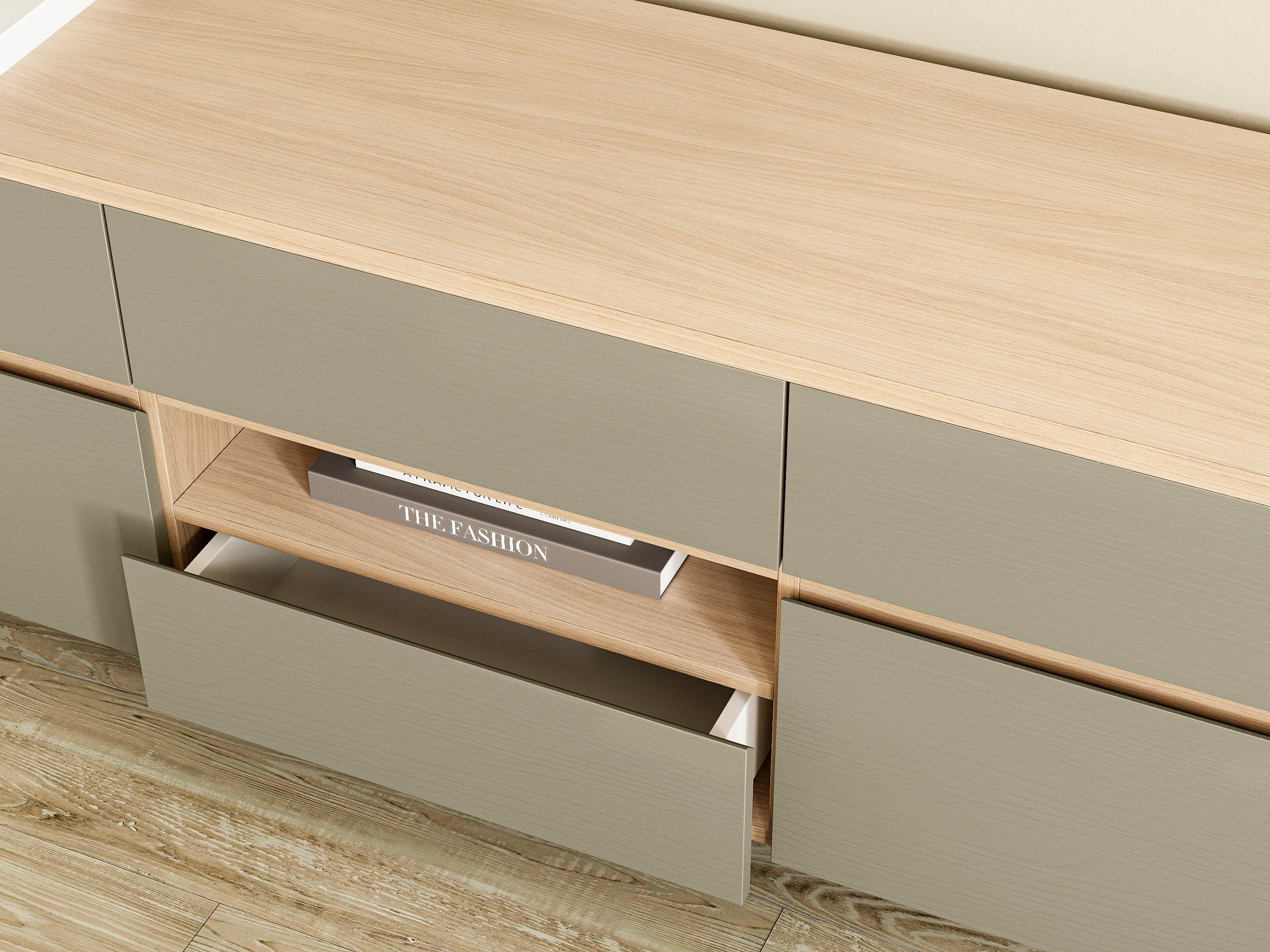 TV-bord Fermaru 102 (Støvet grøn + Egetræ)