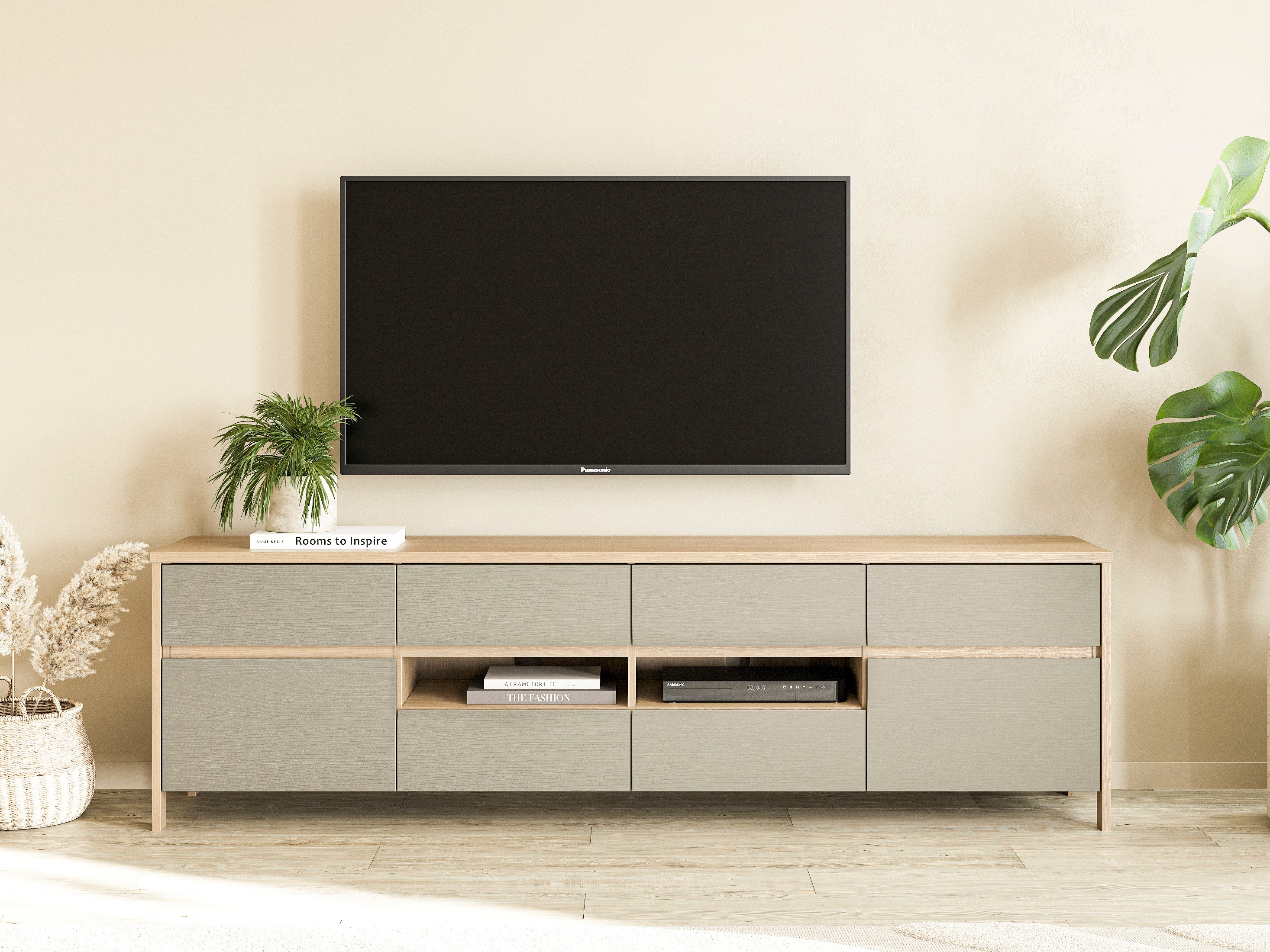 TV-bord Fermaru 103 (Støvet grøn + Egetræ)